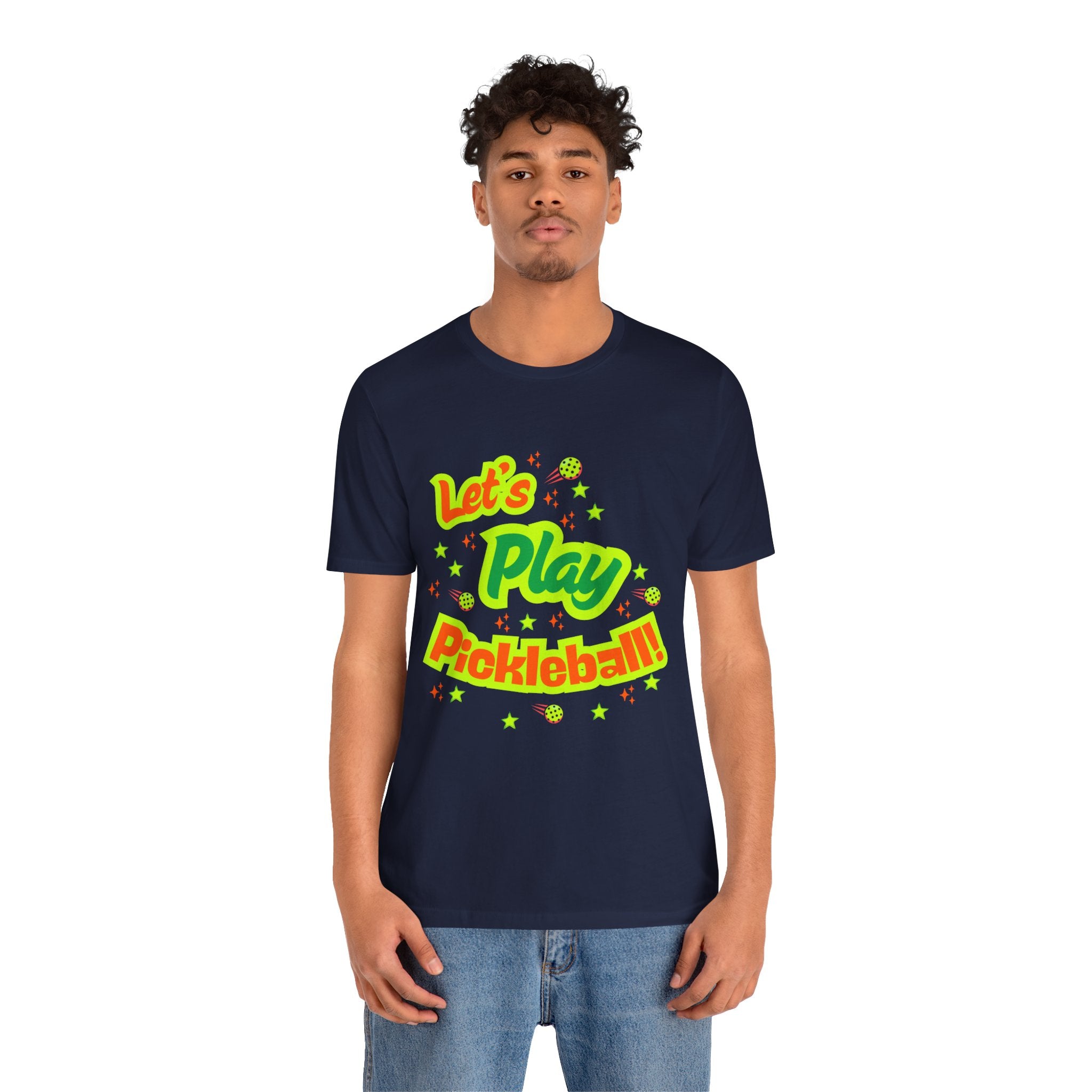 Neon orange and electric green pickleball rally T-shirt with court graphic, from Printify, casual sportswear for active play.