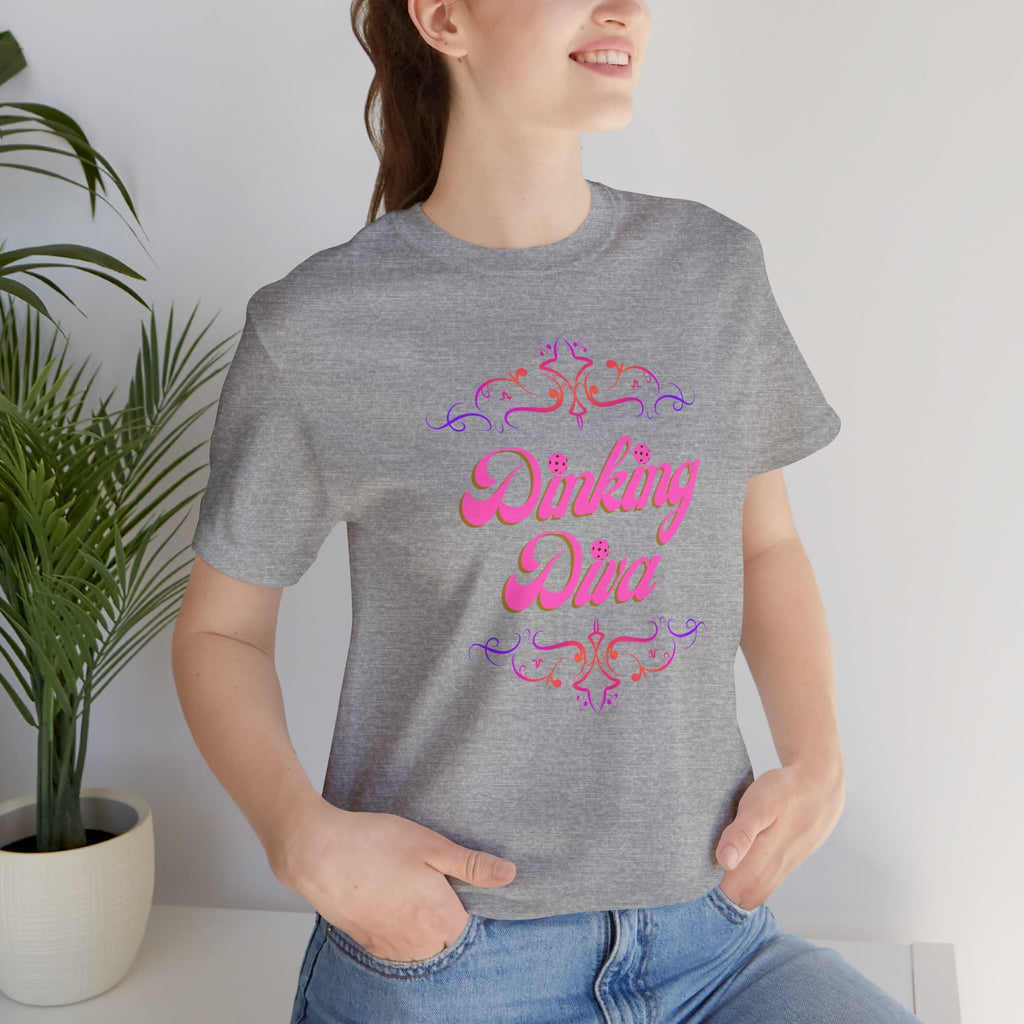 Pink Dinking Diva Pickleball T-Shirt with filigree design, athletic fit, by Printify, featuring a stylish and comfortable sports tee.
