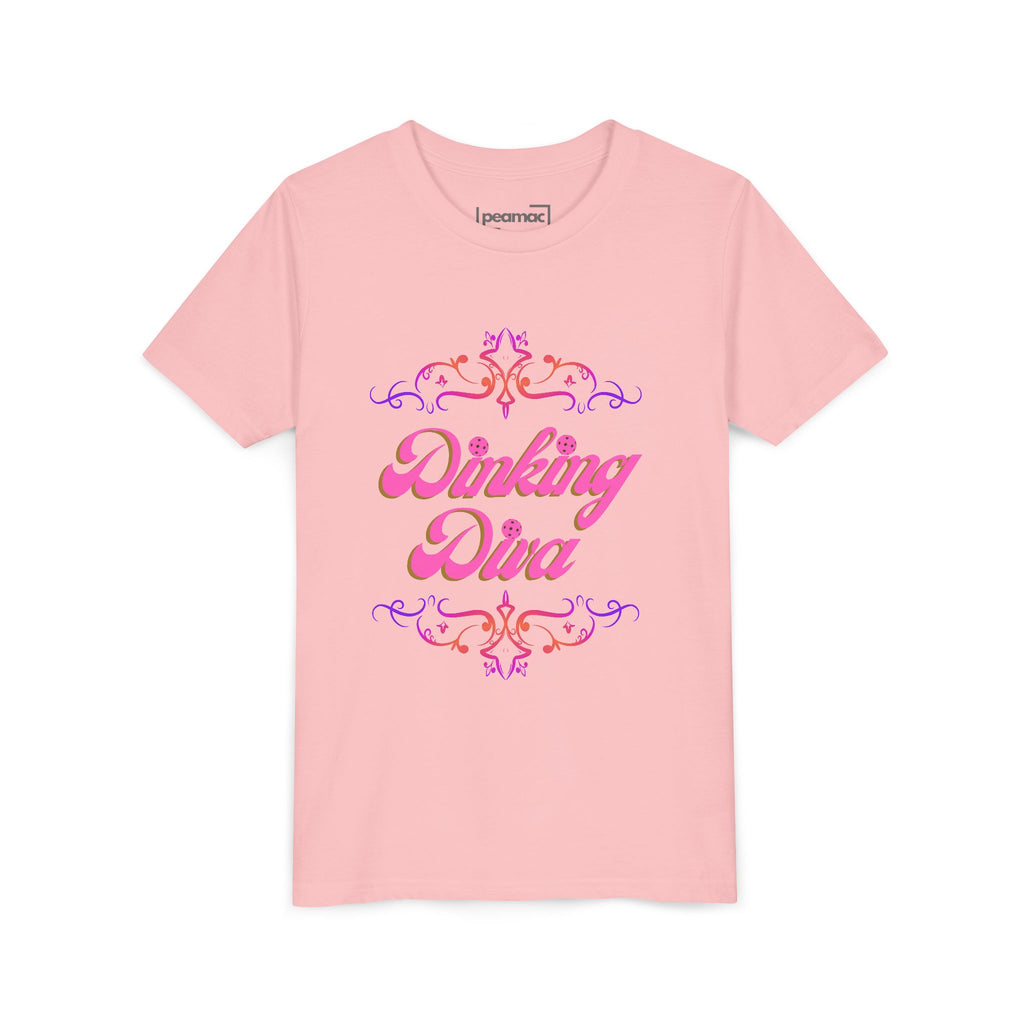 Pink Dinking Diva youth pickleball tee for kids, featuring a stylish print and comfortable fit, by Printify.