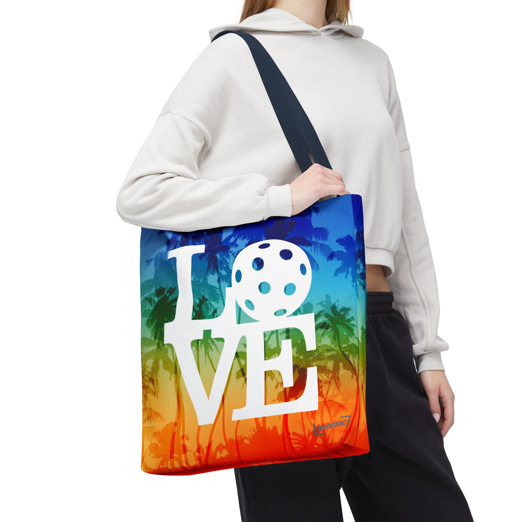 Colorful tropical pickleball tote bag with palm rainbow design, court-ready shoulder bag for sports and casual use by Printify.