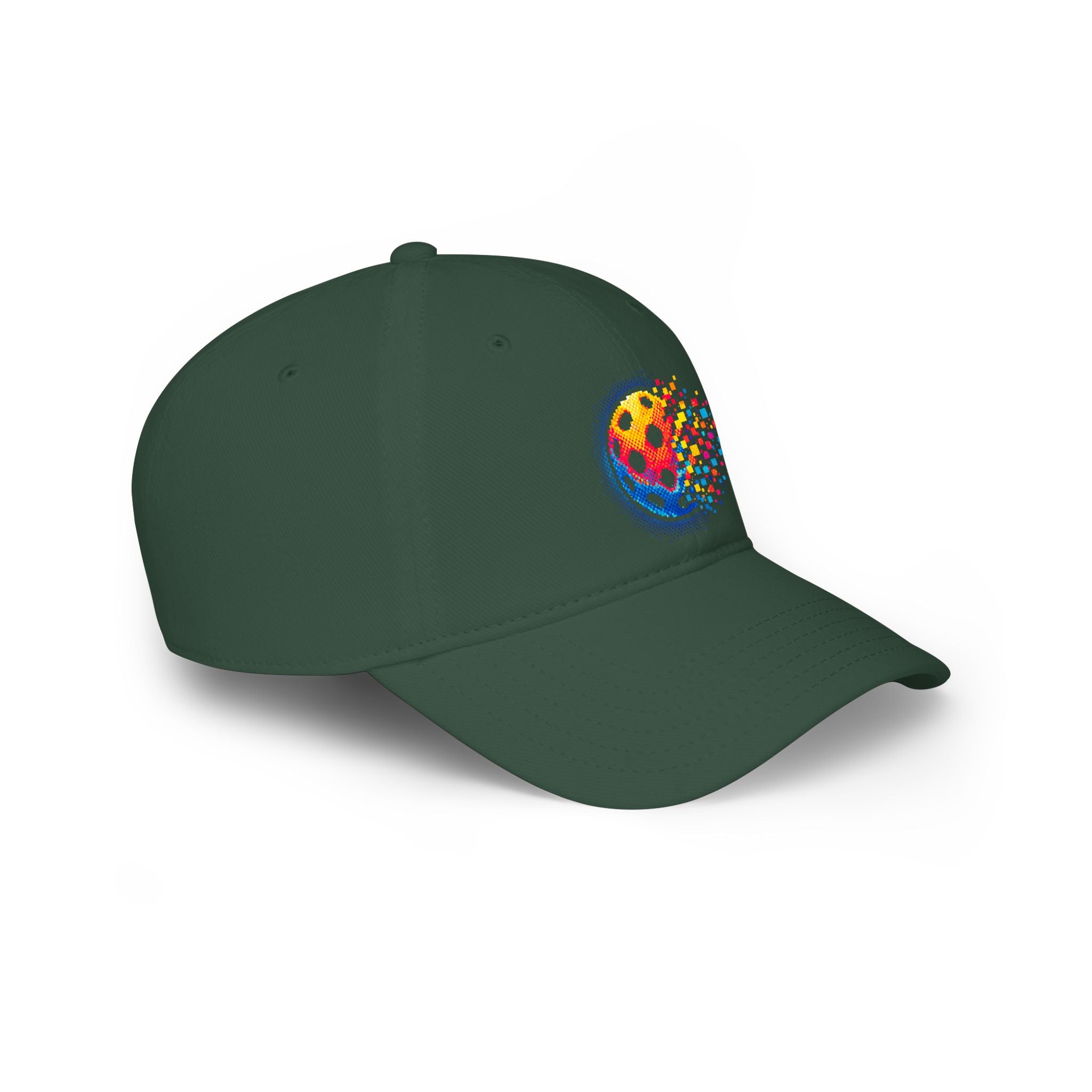 Pixelated Pickleball Cap, low profile cotton baseball hat by Printify with a colorful pixelated pickleball design.