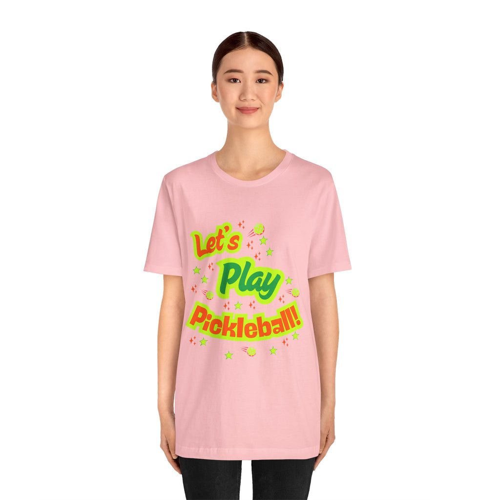 Neon orange and electric green Pickleball Rally T-Shirt with court graphic, casual sportswear by Printify.