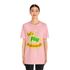 Neon orange and electric green Pickleball Rally T-Shirt with court graphic, casual athletic wear by Printify.