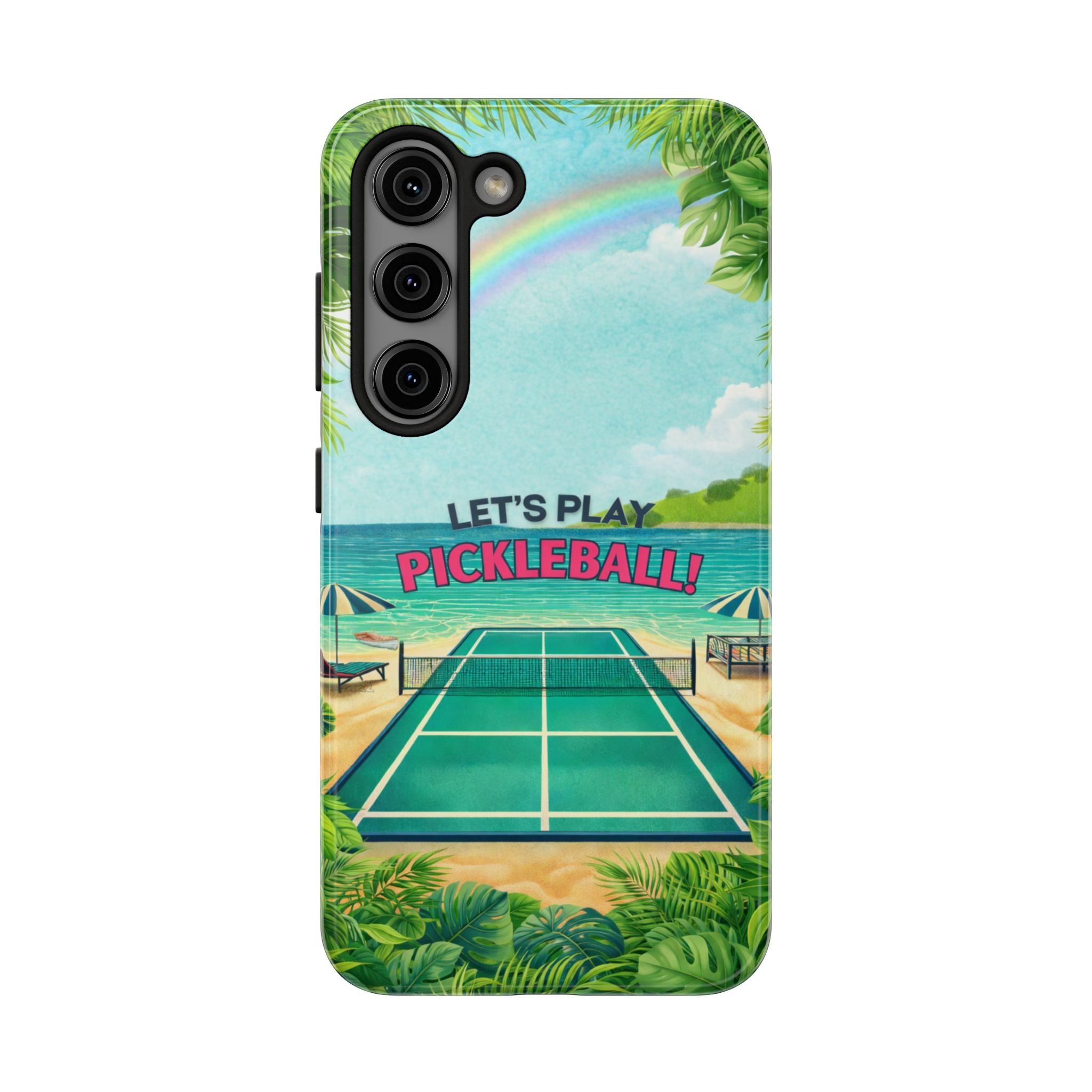 Printify Let's Play Pickleball Tropical Tough Phone Case with colorful beach court design for iPhone and Samsung models.