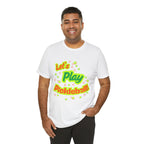 Neon orange and electric green pickleball rally T-shirt with court graphic design by Printify, casual sportswear for active play.