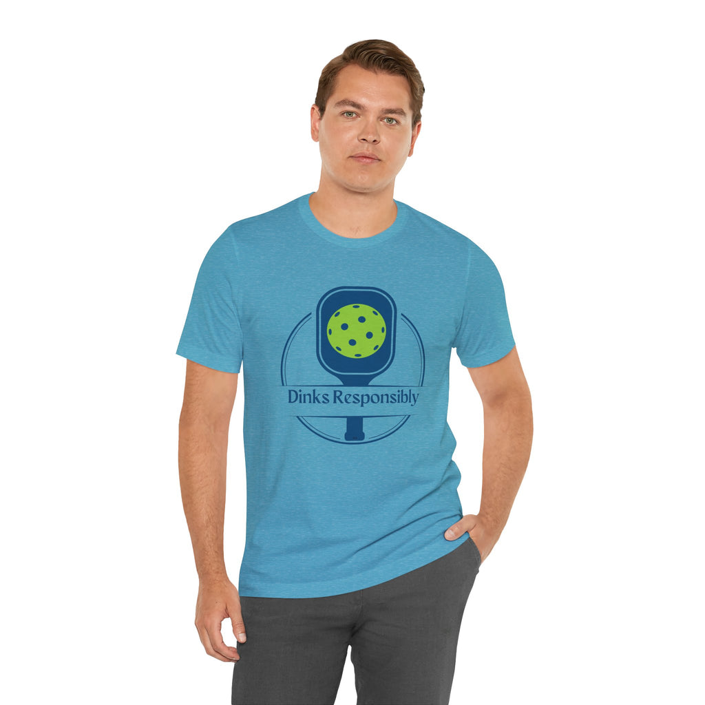 Dinks Responsibly Pickleball T-shirt with paddle and ball graphic, humorous pickleball shirt by Printify