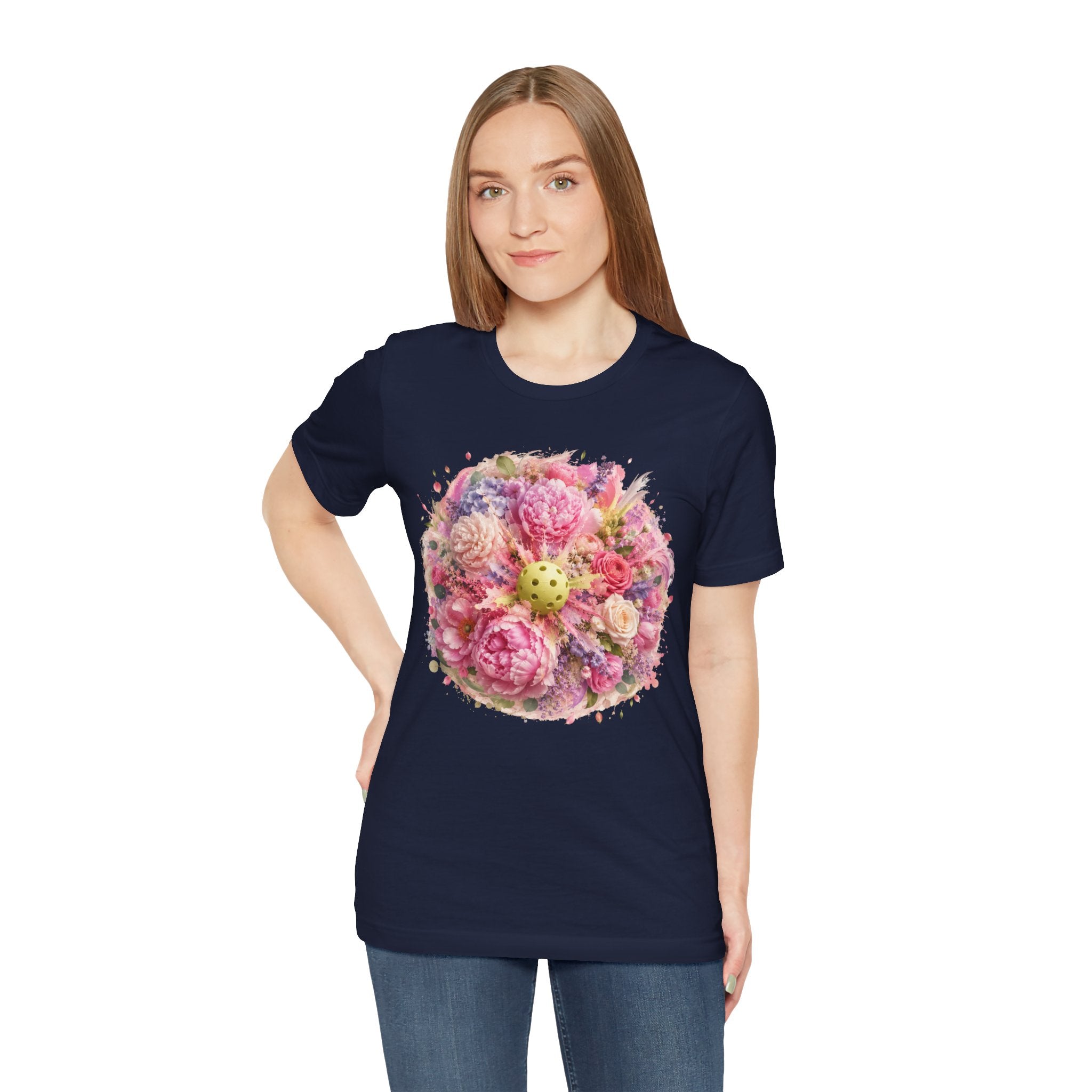 Peony Pickleball Tee by Printify, a unisex cotton T-shirt featuring a vibrant peony pickleball design on the front.