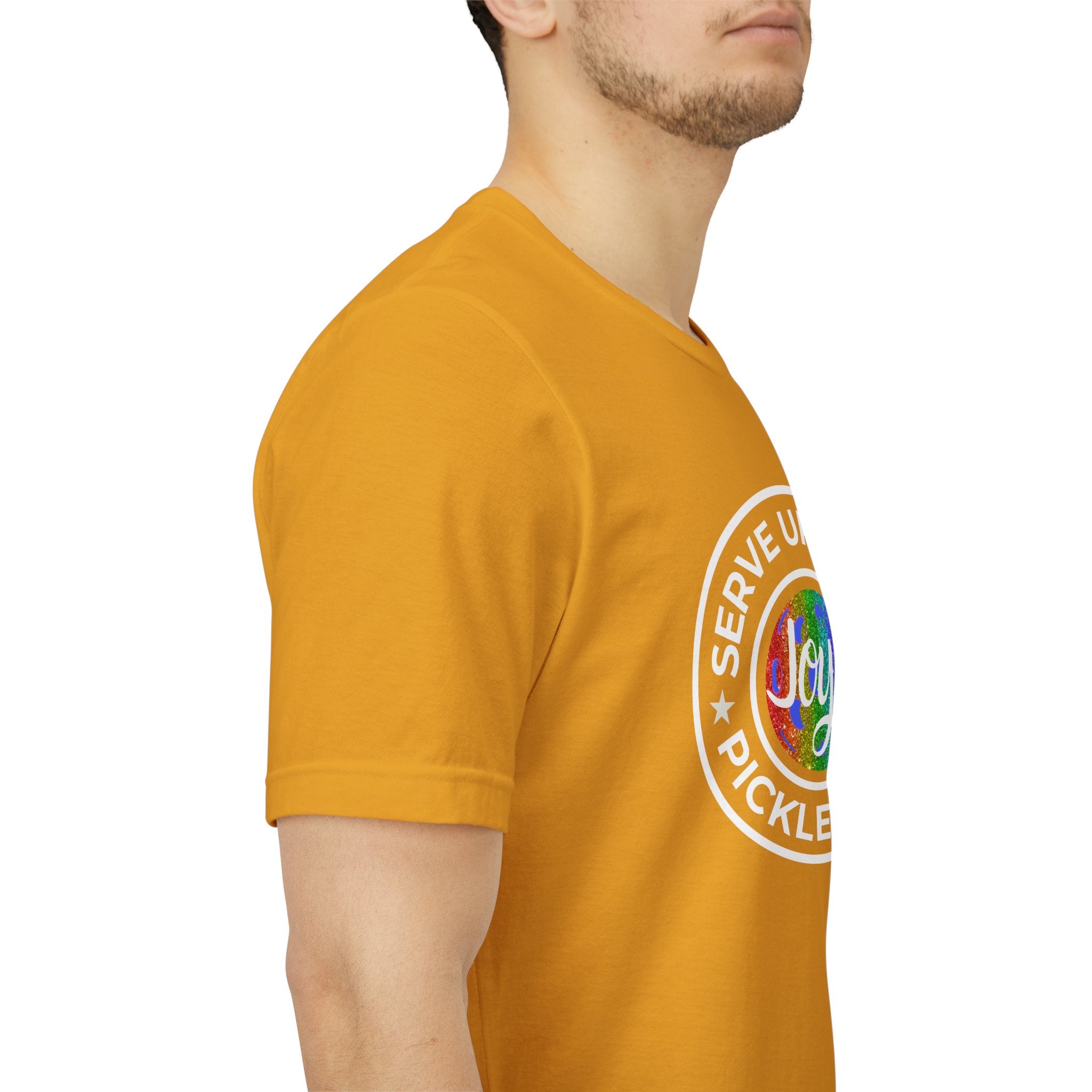 LGBTQ2 pride T-shirt featuring a colorful pickleball design, casual fit, printed by Printify, perfect for celebrating pride and sports.