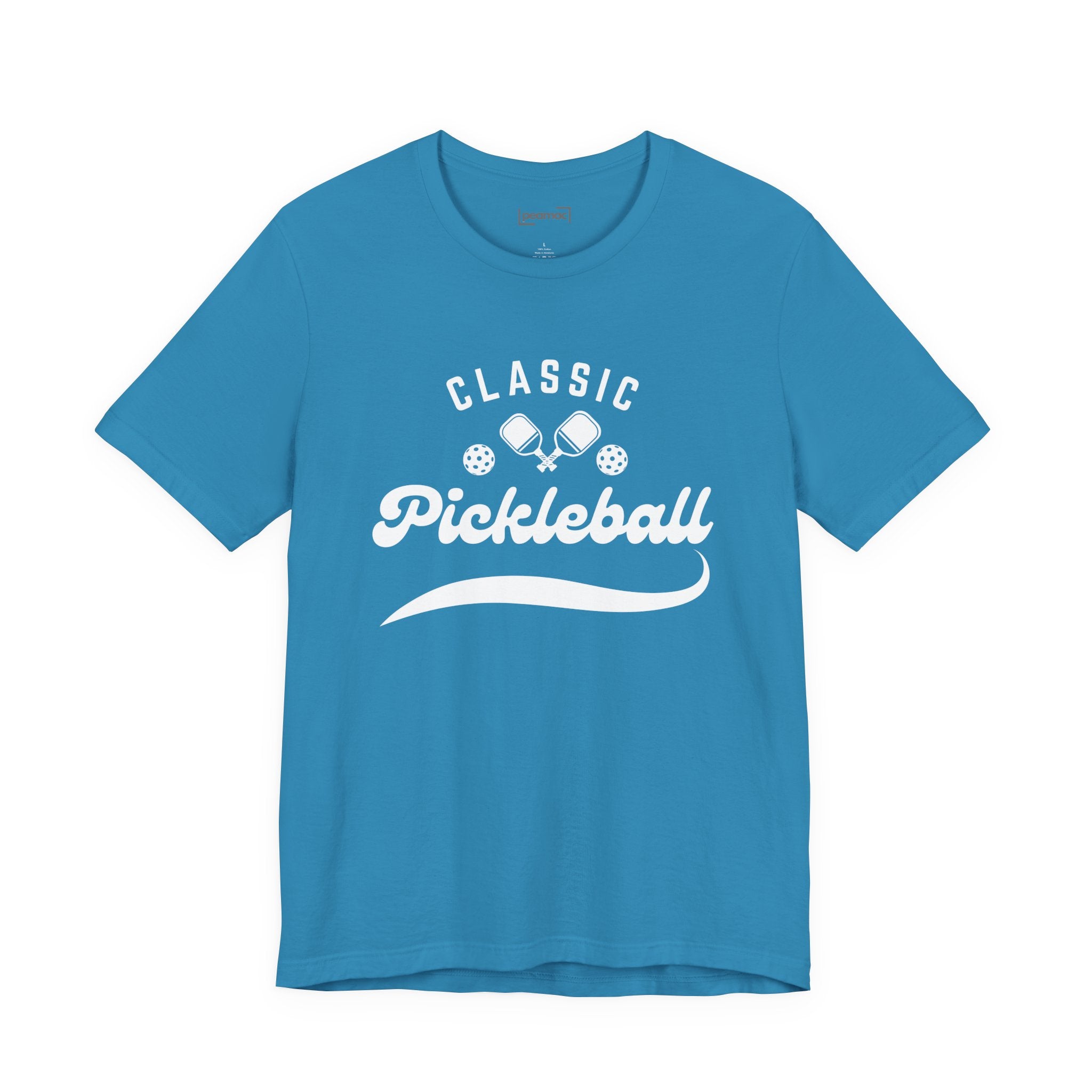 White Classic Pickleball T-shirt with "Pickleball" script design, casual sportswear by Printify, displayed on a flat lay.