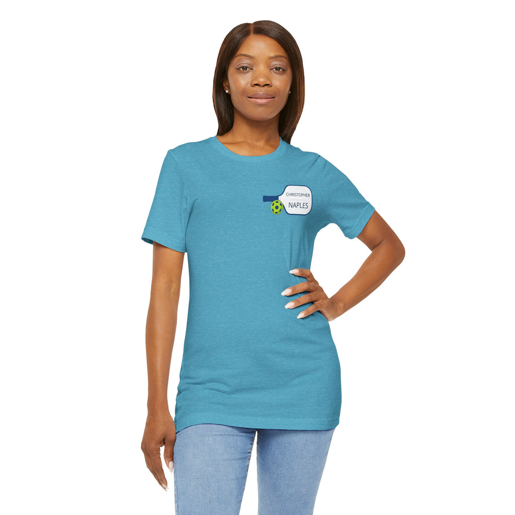 Personalized pickleball T-shirt with custom name and club graphic on the front, featuring vibrant print and comfortable fit.