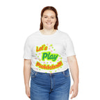 Neon orange and electric green Pickleball Rally T-shirt with court graphic from Printify, casual athletic wear for pickleball enthusiasts.