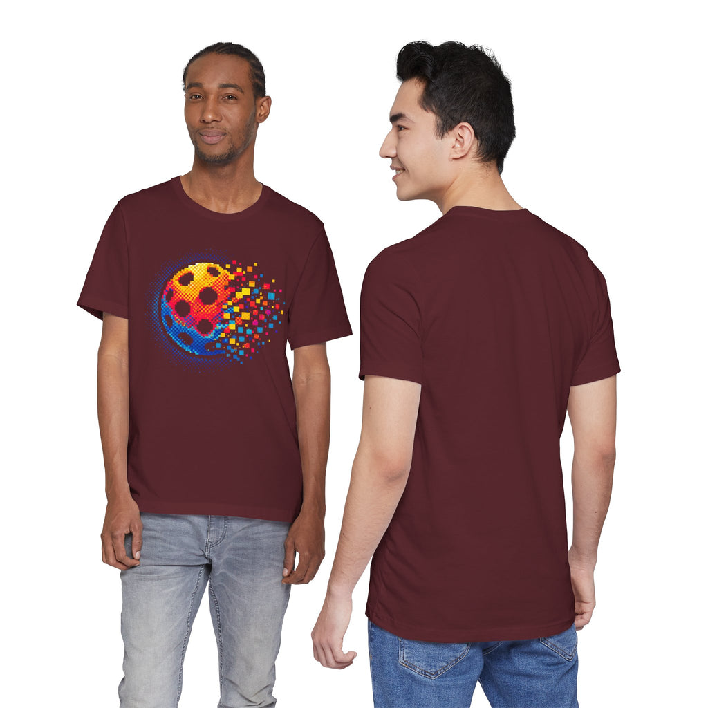 Matrix Burst Pickleball Tee featuring retro court graphic, comfortable T-shirt by Printify with vibrant pickleball design.
