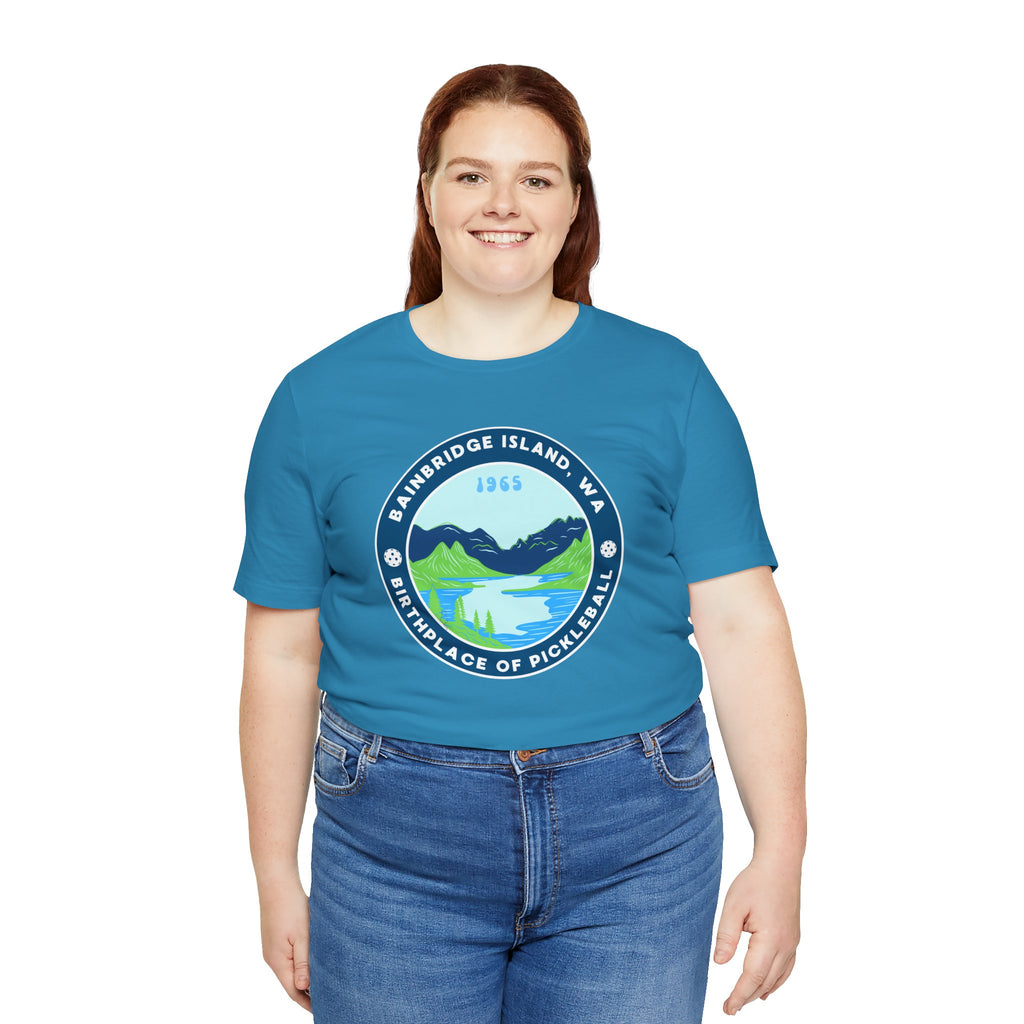 Bainbridge Island Pickleball Tee, unisex T-shirt featuring "Birthplace of Pickleball 1965" design, printed by Printify.