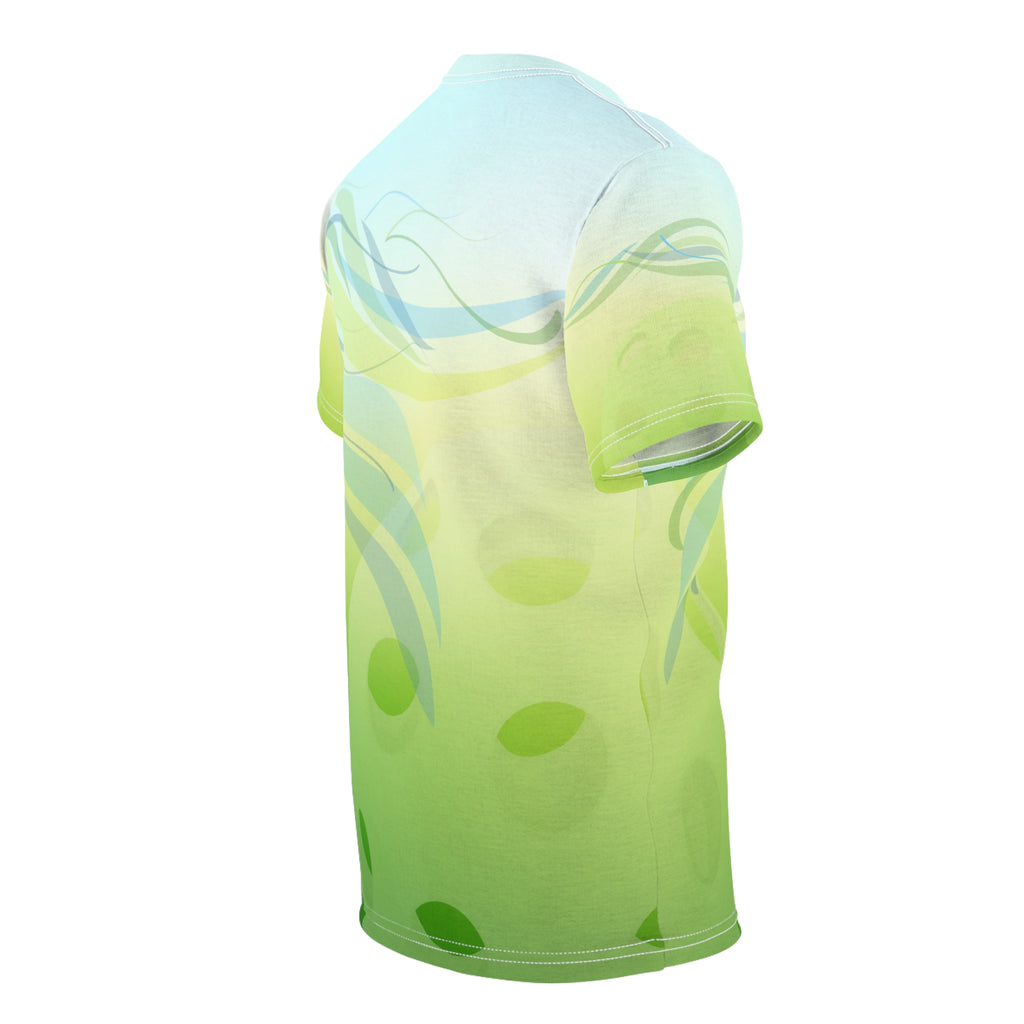 Green Pickleball Summer Breeze Tee with leaf wave all-over print, moisture-wicking unisex t-shirt by Printify.