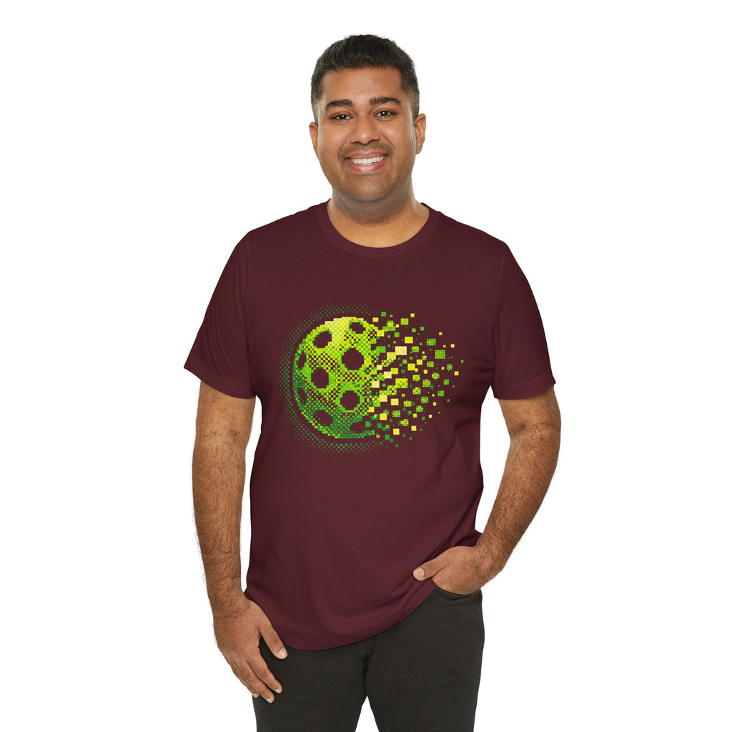 Green Pixelated Pickleball Tee with retro court graphic, casual unisex T-shirt by Printify showing front view.