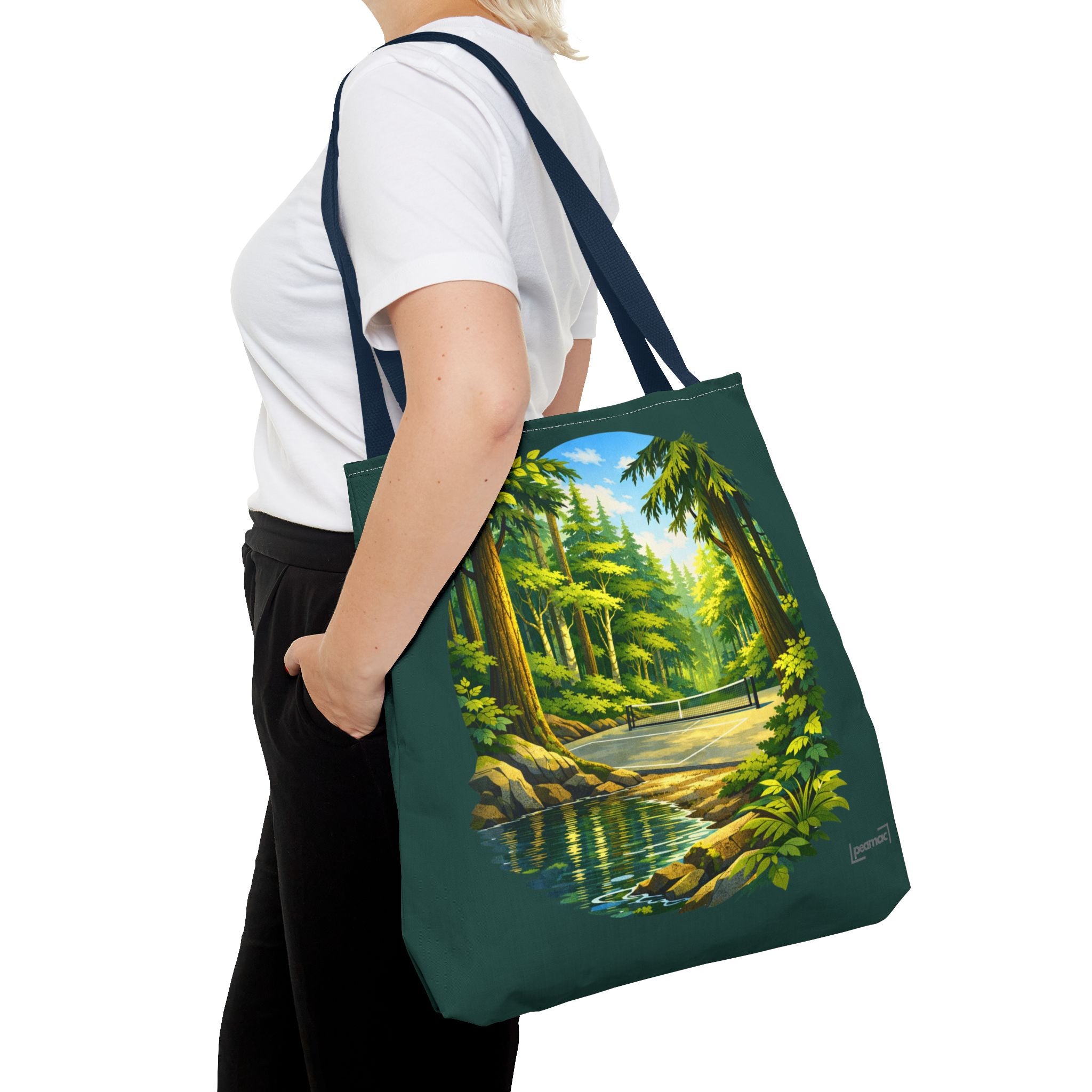 Large Printify pickleball tote bag with Bainbridge Island Pacific Northwest forest court design, ideal for carrying sports gear.