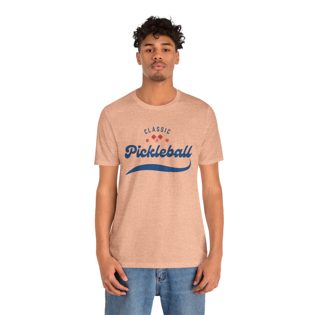 Red and blue pickleball script T-shirt with paddle and ball design, casual printify branded athletic apparel.