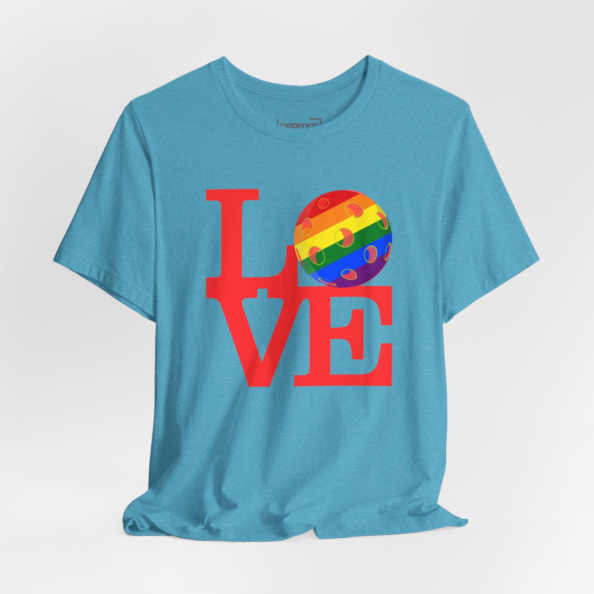 Rainbow LGBTQ2 pride T-shirt by Printify featuring the LOVE Pickleball logo on a colorful, casual graphic tee.