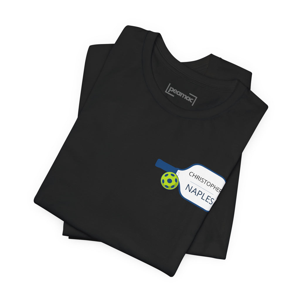 Personalized pickleball T-shirt by Printify featuring custom name and club on paddle graphic design, casual sportswear for players.