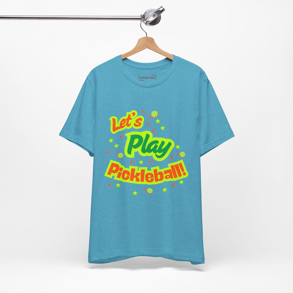 Neon orange and electric green pickleball rally T-shirt with court graphic, made by Printify, casual sportswear for active wear.