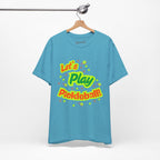 Neon orange and electric green pickleball rally T-shirt with court graphic, from Printify, casual sportswear for active wear.
