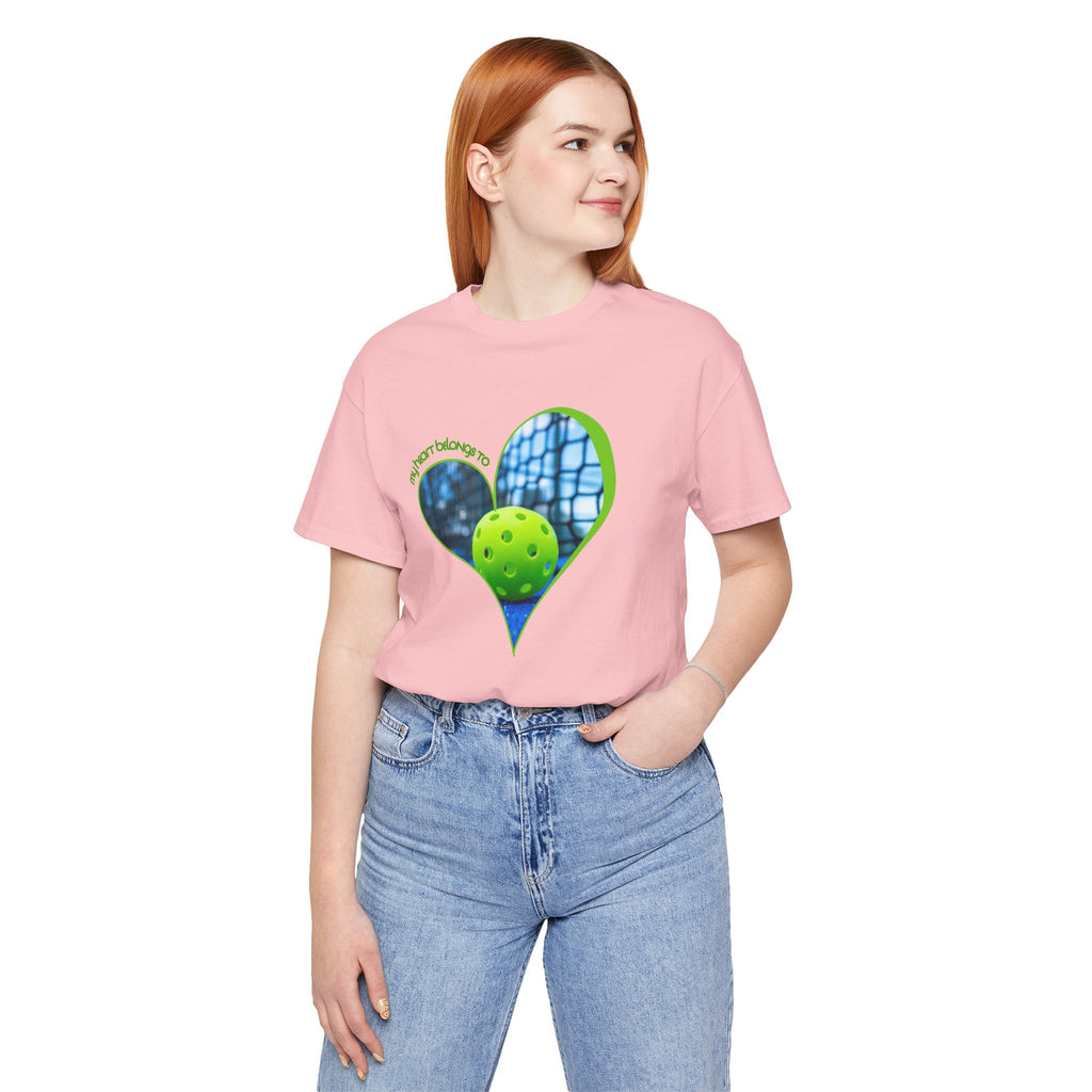White pickleball T-shirt with "My Heart Belongs to Pickleball" print, designed for players and fans, by Printify.
