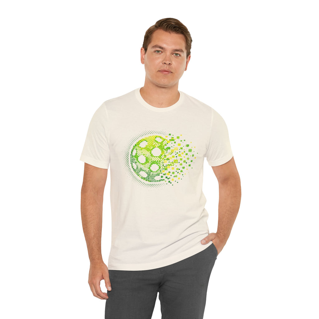 Green Pixelated Pickleball Tee with retro court graphic print, casual T-shirt by Printify for pickleball enthusiasts.