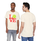 Bright neon pop art LOVE Pickleball T-shirt by Printify, featuring bold colorful design on a premium casual T-shirt.