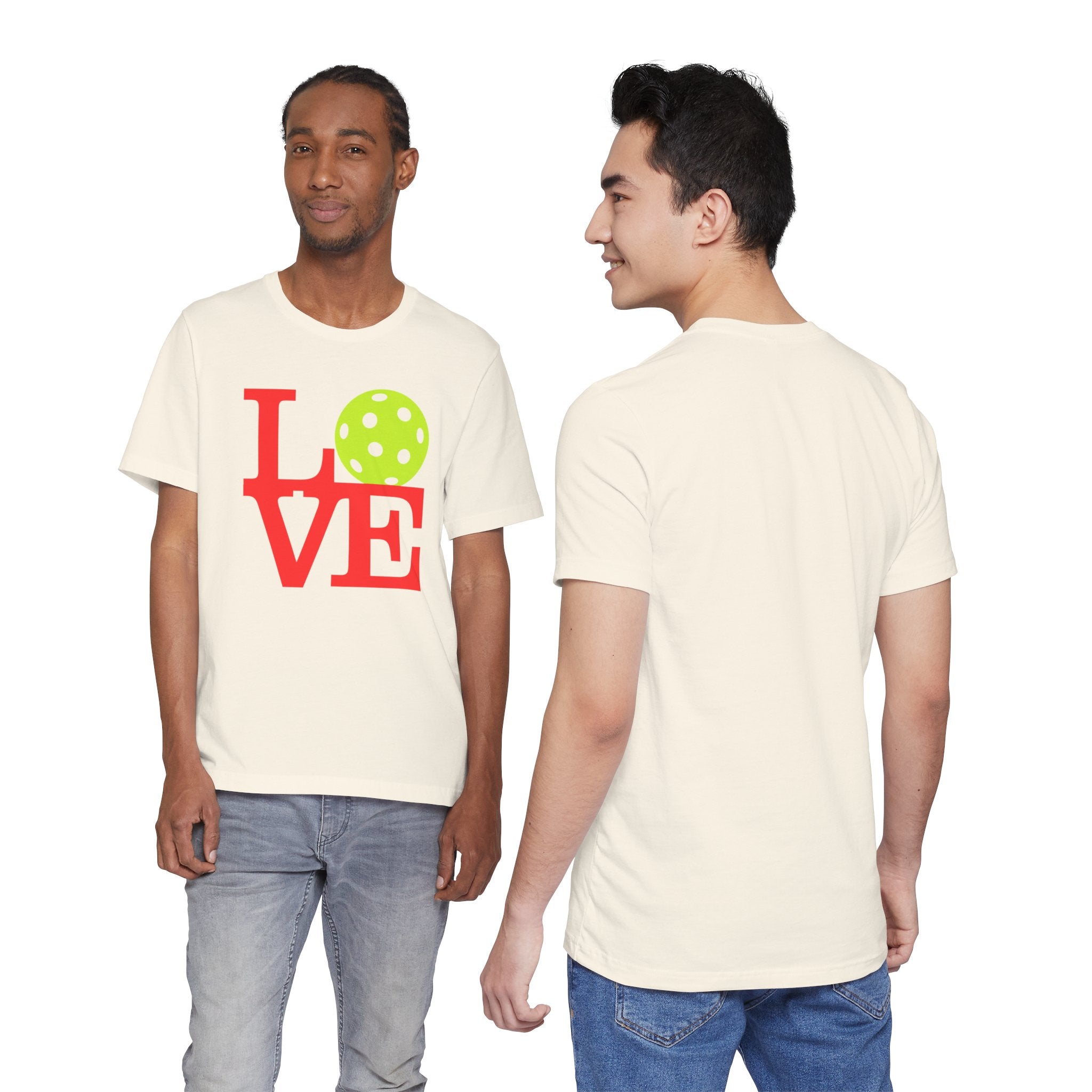 Bright neon pop art LOVE Pickleball T-shirt by Printify, featuring bold colorful design on a premium casual T-shirt.