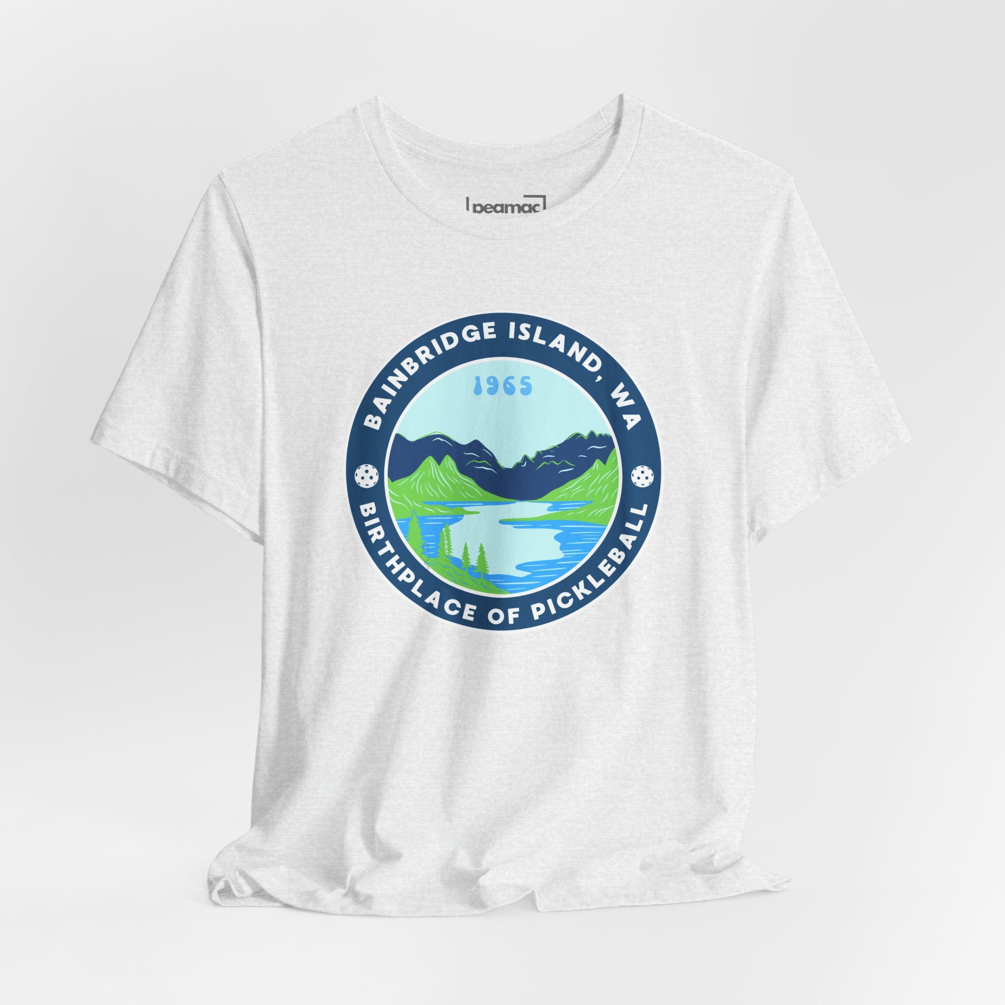 Unisex Bainbridge Island Pickleball T-Shirt featuring the "Birthplace of Pickleball 1965" design in black and white.