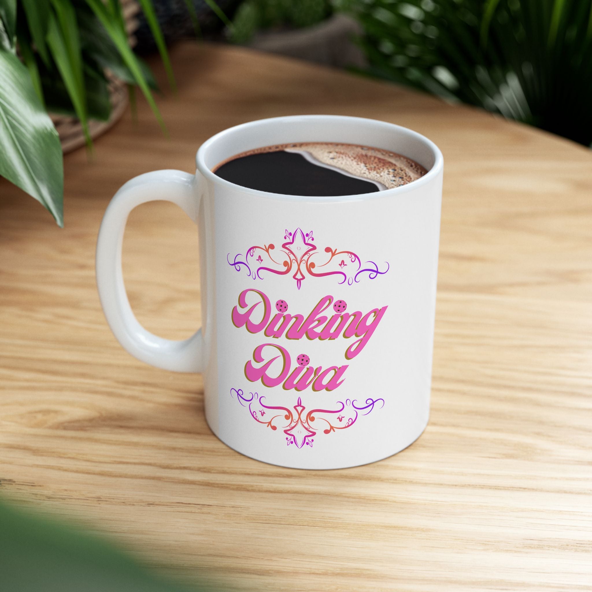 Pickleball Mug, Dinking Diva Ceramic Coffee Cup | 11oz & 15oz | Pink Text Filigree Borders | Dishwasher & Microwave Safe