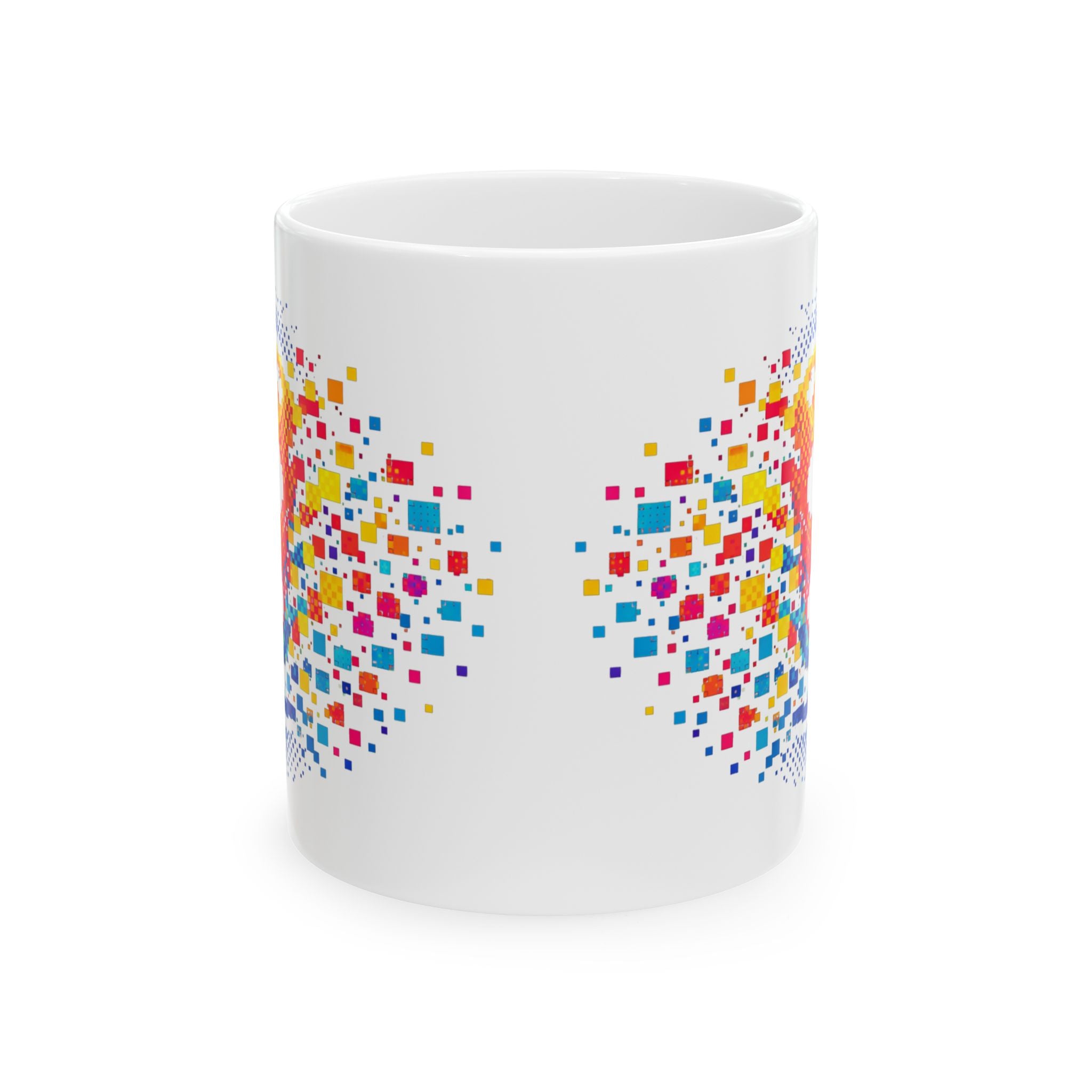 Pixelated Pickleball ceramic mug with retro exploding pickleball design, available in 11oz and 15oz sizes.