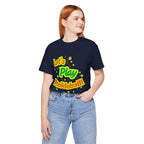 Neon orange and electric green pickleball rally graphic T-shirt by Printify, featuring bold court design and vibrant colors.