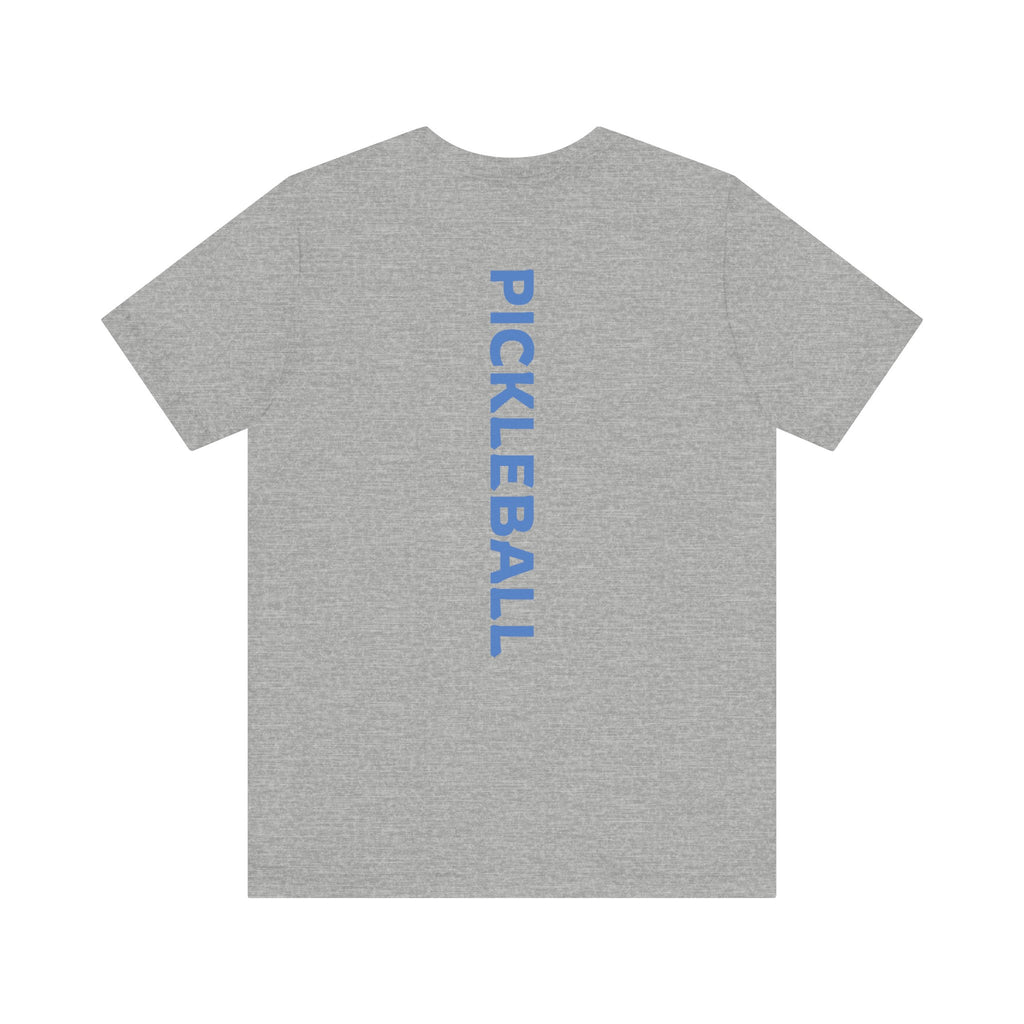 Men's Retro Pickleball Action T-Shirt with dynamic front silhouette and vertical "PICKLEBALL" text on the back, by Printify.