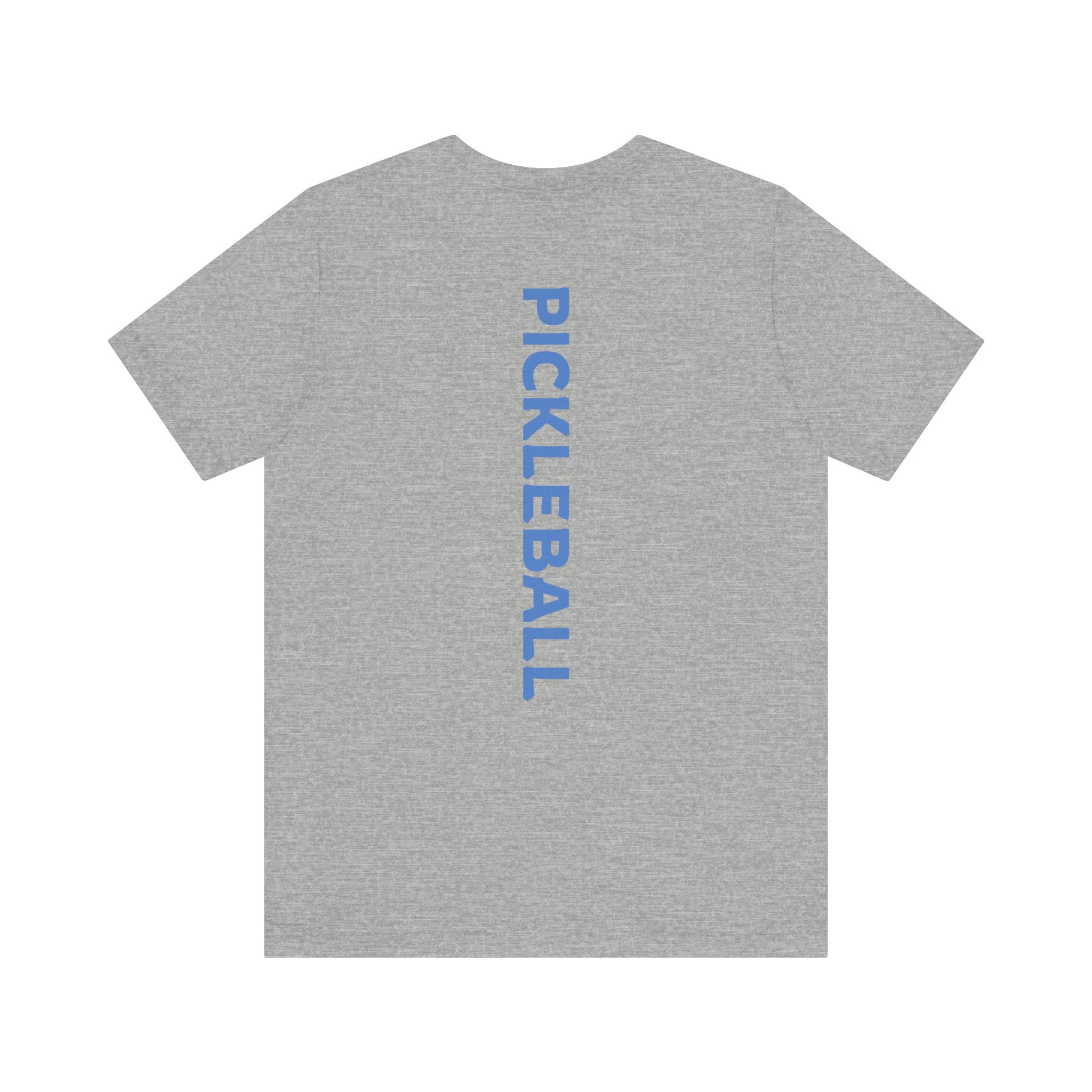 Men's Retro Pickleball Action T-Shirt with dynamic front silhouette and vertical "PICKLEBALL" text on the back, by Printify.