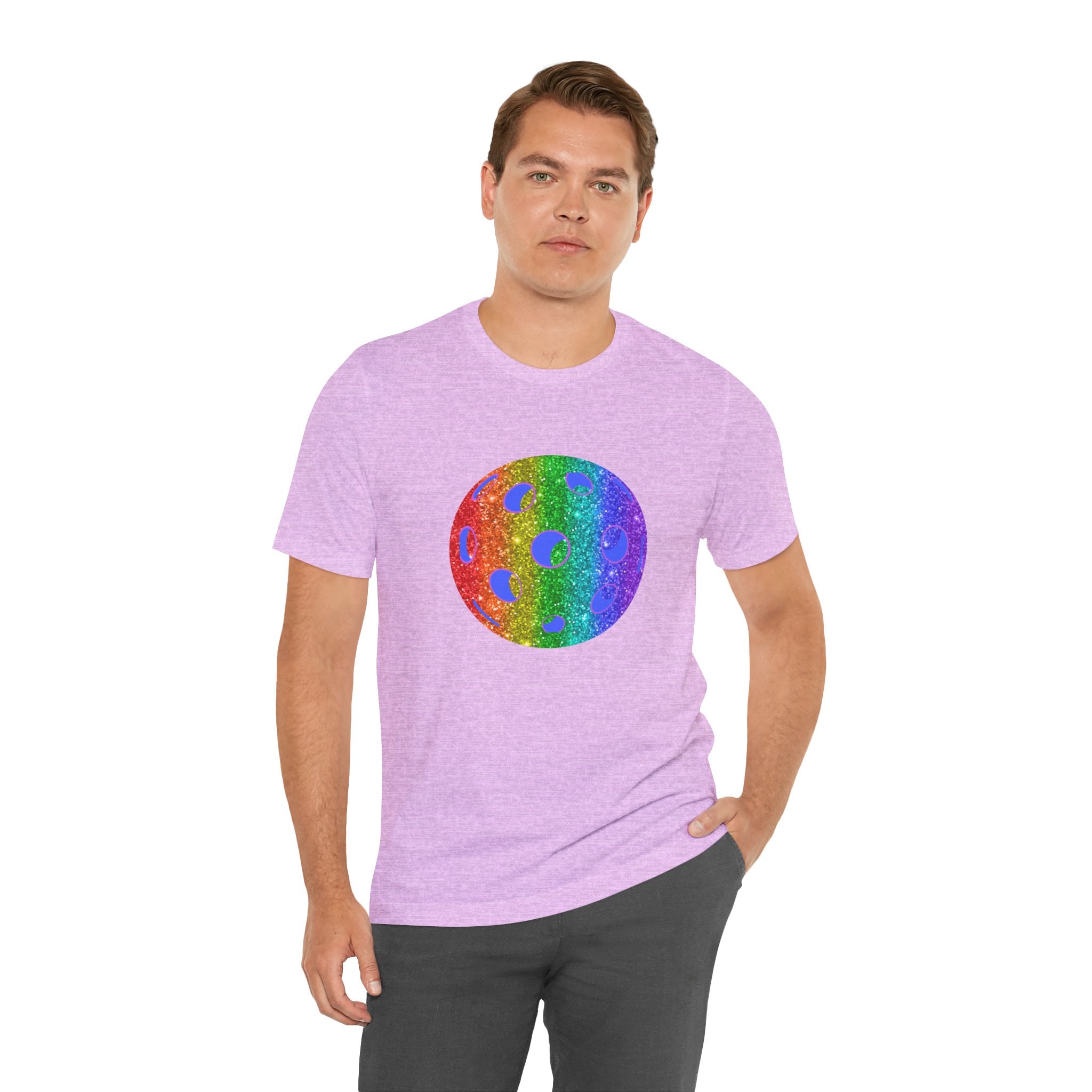 Rainbow glitter pickleball pride T-shirt by Printify featuring bold "Loud and Proud" text and colorful pride flag design.