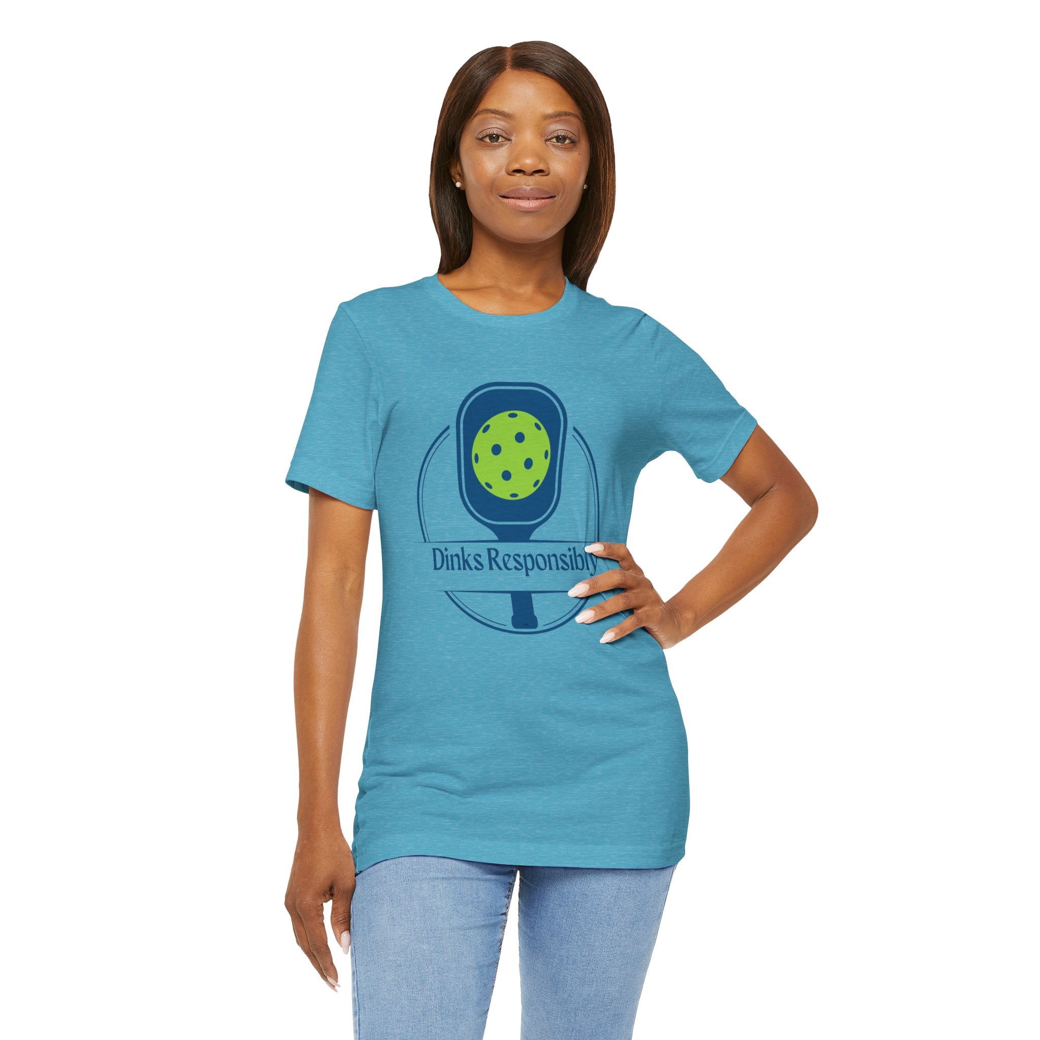 Dinks Responsibly Pickleball T-shirt by Printify featuring a paddle and ball graphic, humorous pickleball shirt design.
