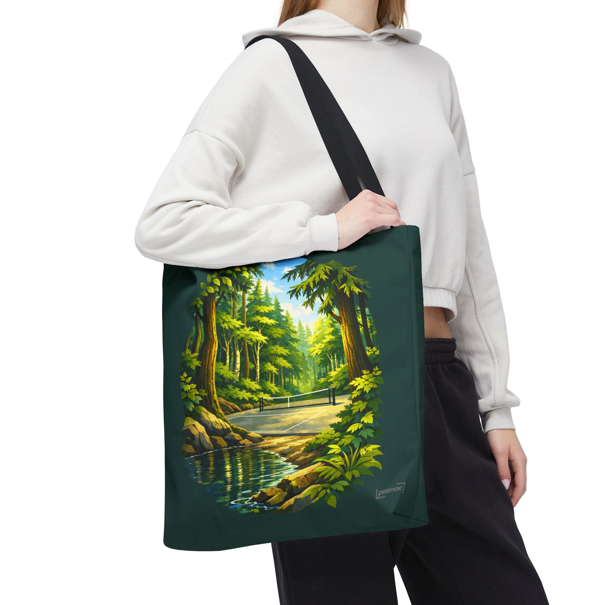 Large tote bag featuring a Bainbridge Island-inspired pickleball design with Pacific Northwest forest court theme by Printify.