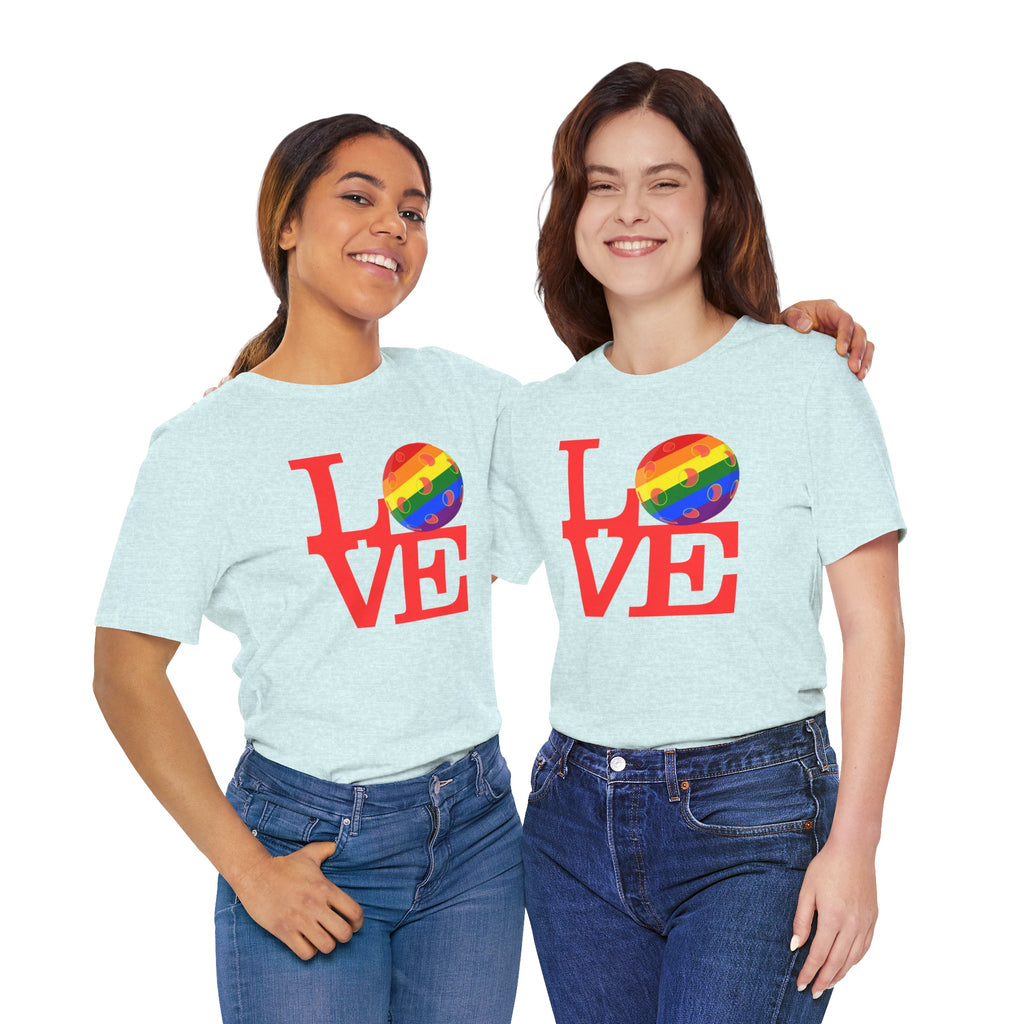Rainbow LGBTQ2 pride T-shirt featuring the LOVE Pickleball logo on a colorful tee, made by Printify.