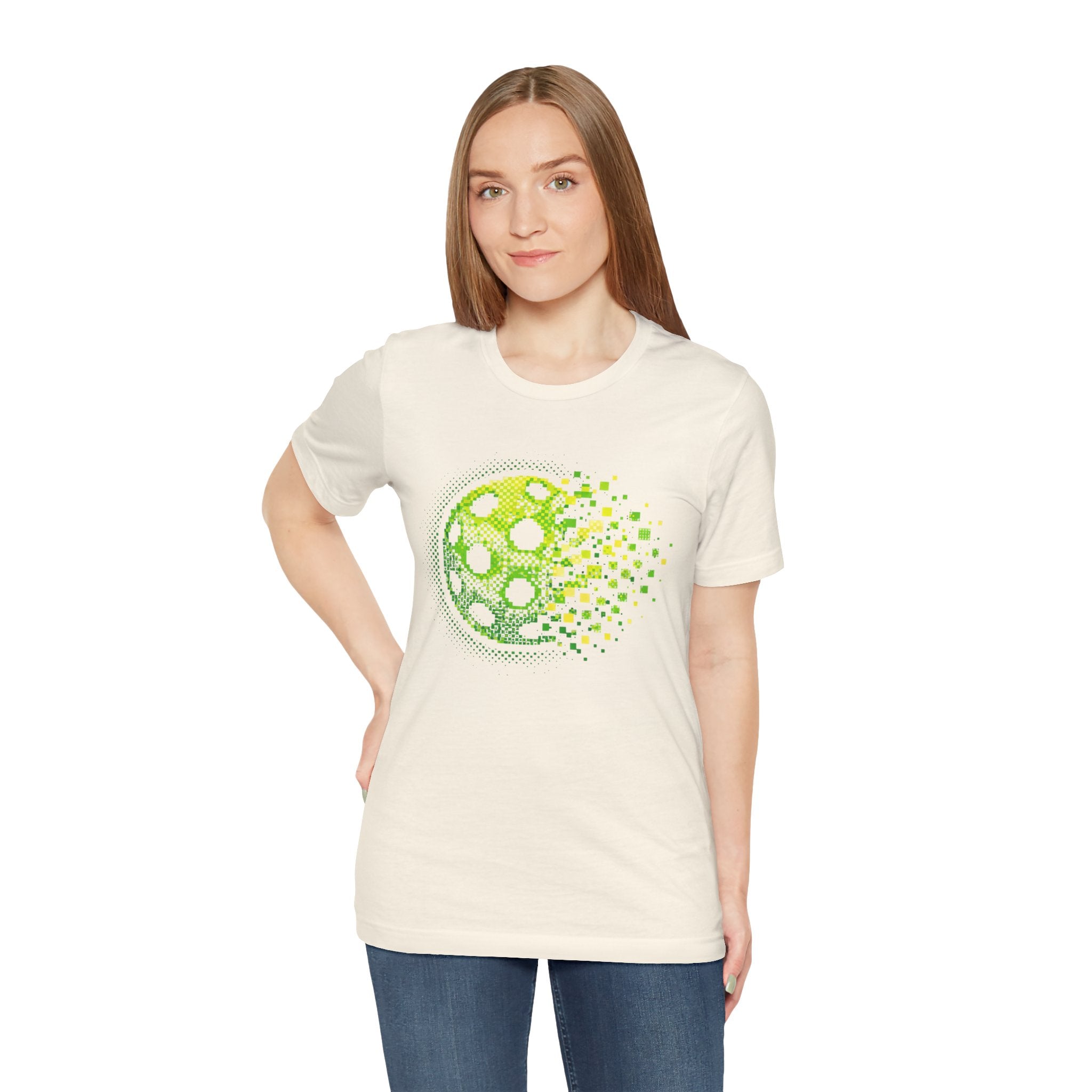 Green Pixelated Pickleball Tee featuring retro court graphic, casual T-shirt by Printify, ideal for pickleball enthusiasts.