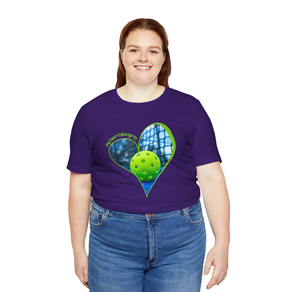 White Pickleball T-shirt for players and fans with "My Heart Belongs to Pickleball" print, casual and comfortable fit.