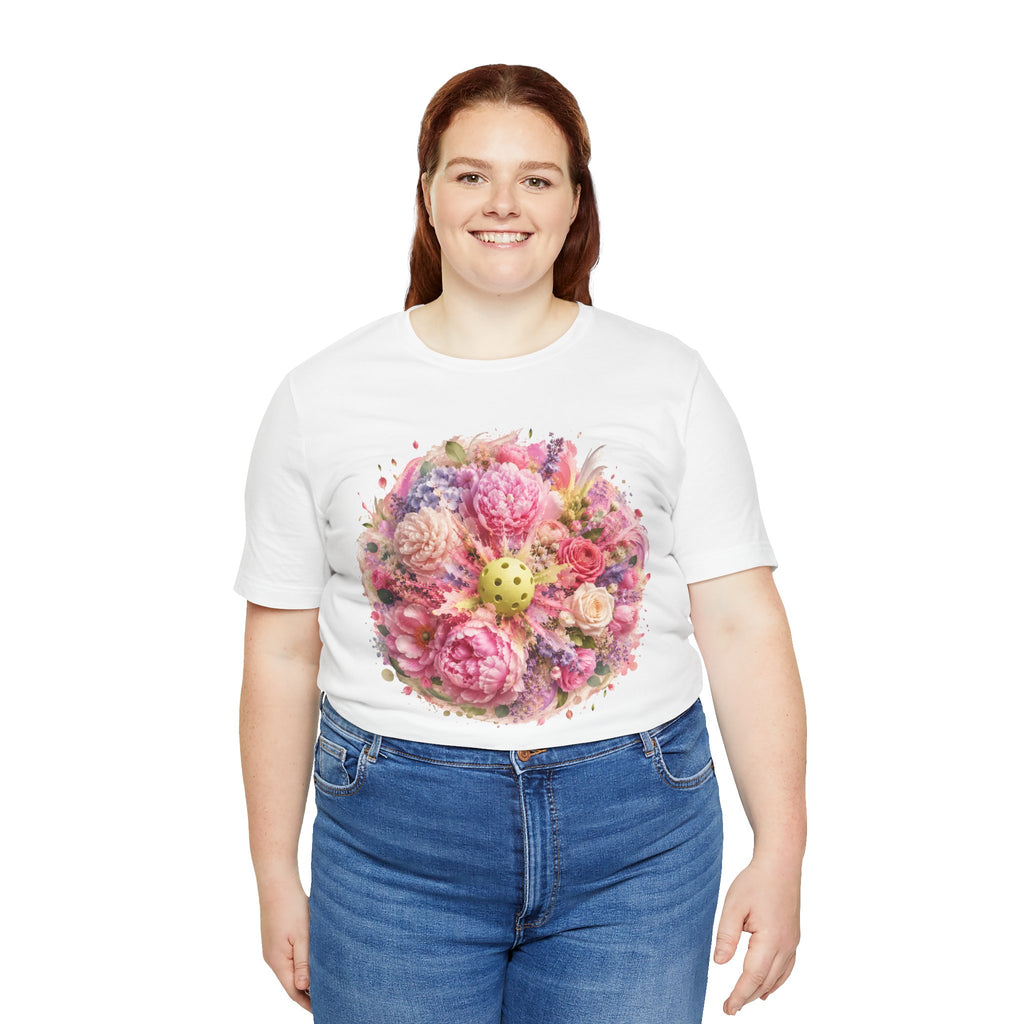 Peony Pickleball Tee, premium cotton unisex T-shirt with peony graphic, comfortable casual wear by Printify.