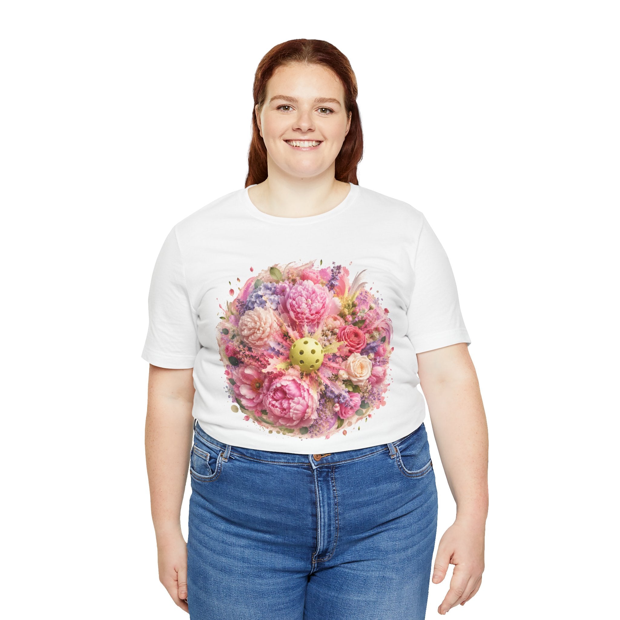 Peony Pickleball Tee, premium cotton unisex T-shirt with peony graphic, comfortable casual wear by Printify.