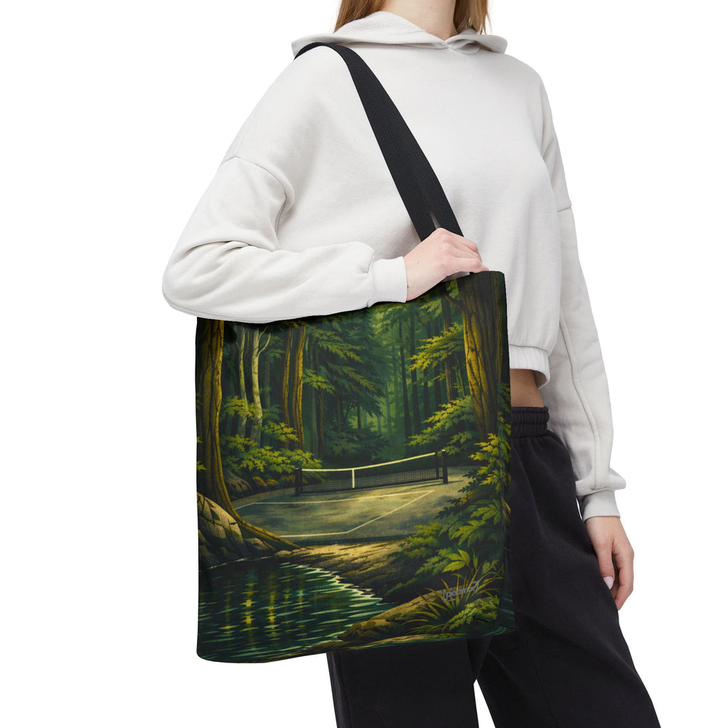 Hidden Pickleball Court on a Forest Path Large Tote Bag — Scenic Woodland Landscape All-Over Print