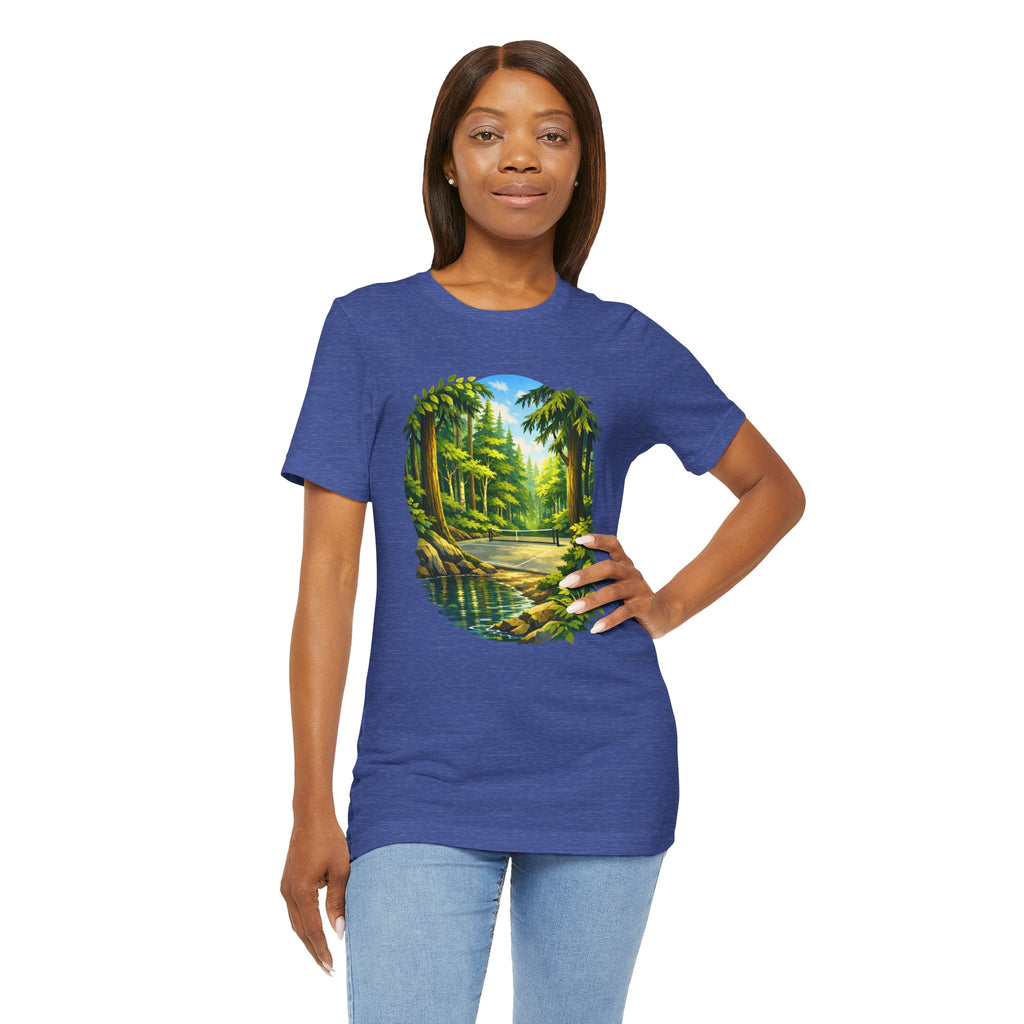 Unisex Hidden Forest Pickleball T-Shirt featuring Bainbridge Island tribute, printed by Printify, with forest and pickleball graphics.