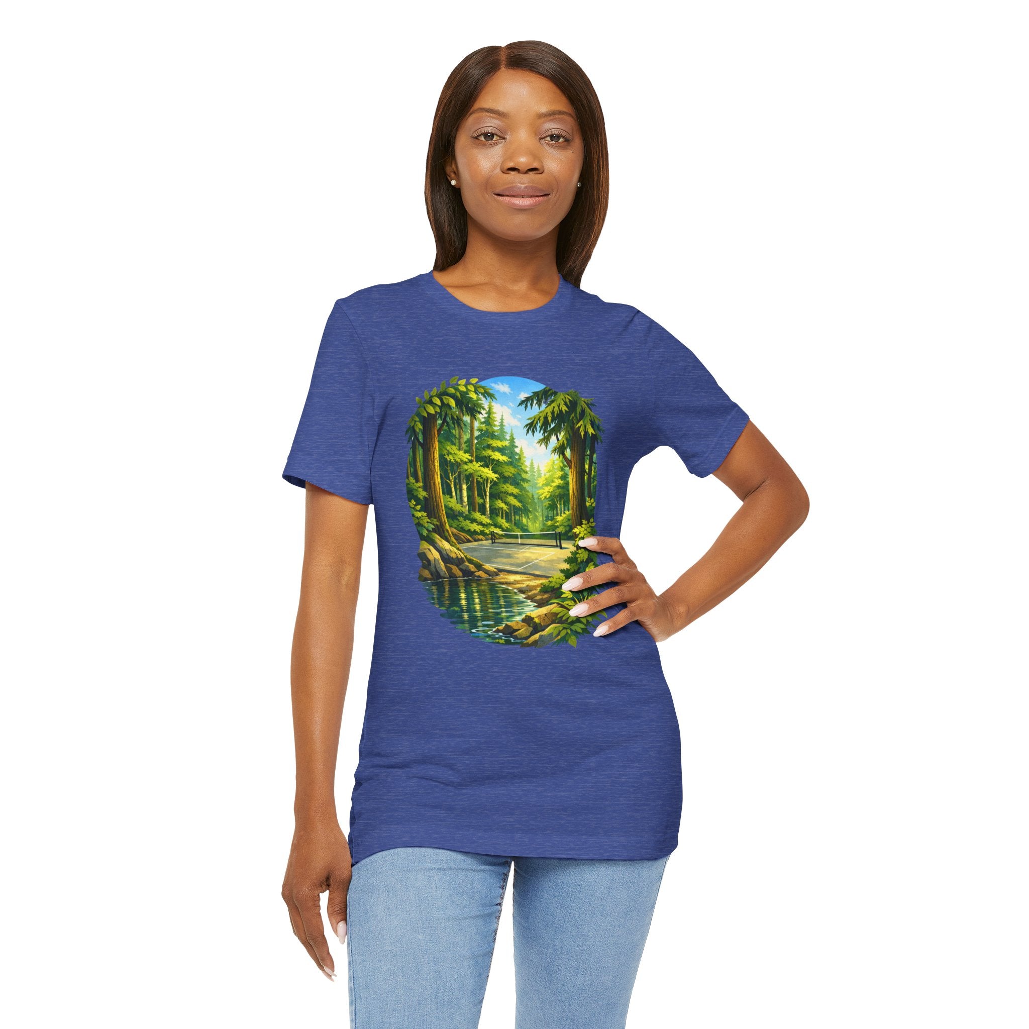 Unisex Hidden Forest Pickleball T-Shirt featuring Bainbridge Island tribute, printed by Printify, with forest and pickleball graphics.