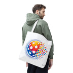 Large tote bag with pixelated pickleball and retro digital wiffle ball design, featuring vibrant colors and spacious storage.