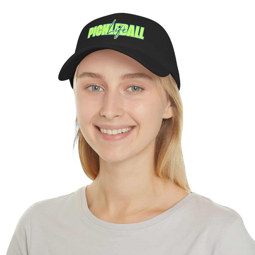 Printify Pickleball Life bold green and blue script low profile baseball cap with adjustable strap and curved brim.
