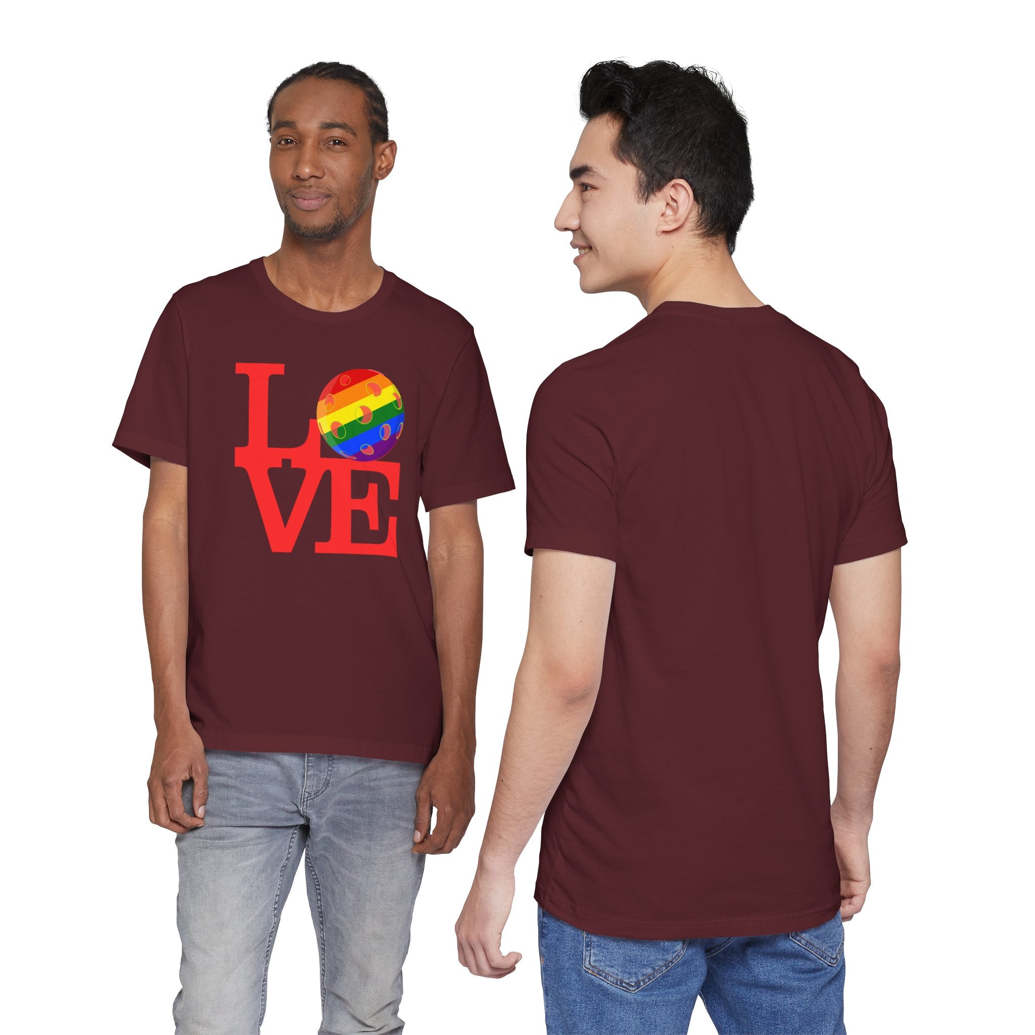 Rainbow LGBTQ2 Pride T-Shirt featuring the LOVE Pickleball logo, colorful design on a comfortable Printify T-shirt
