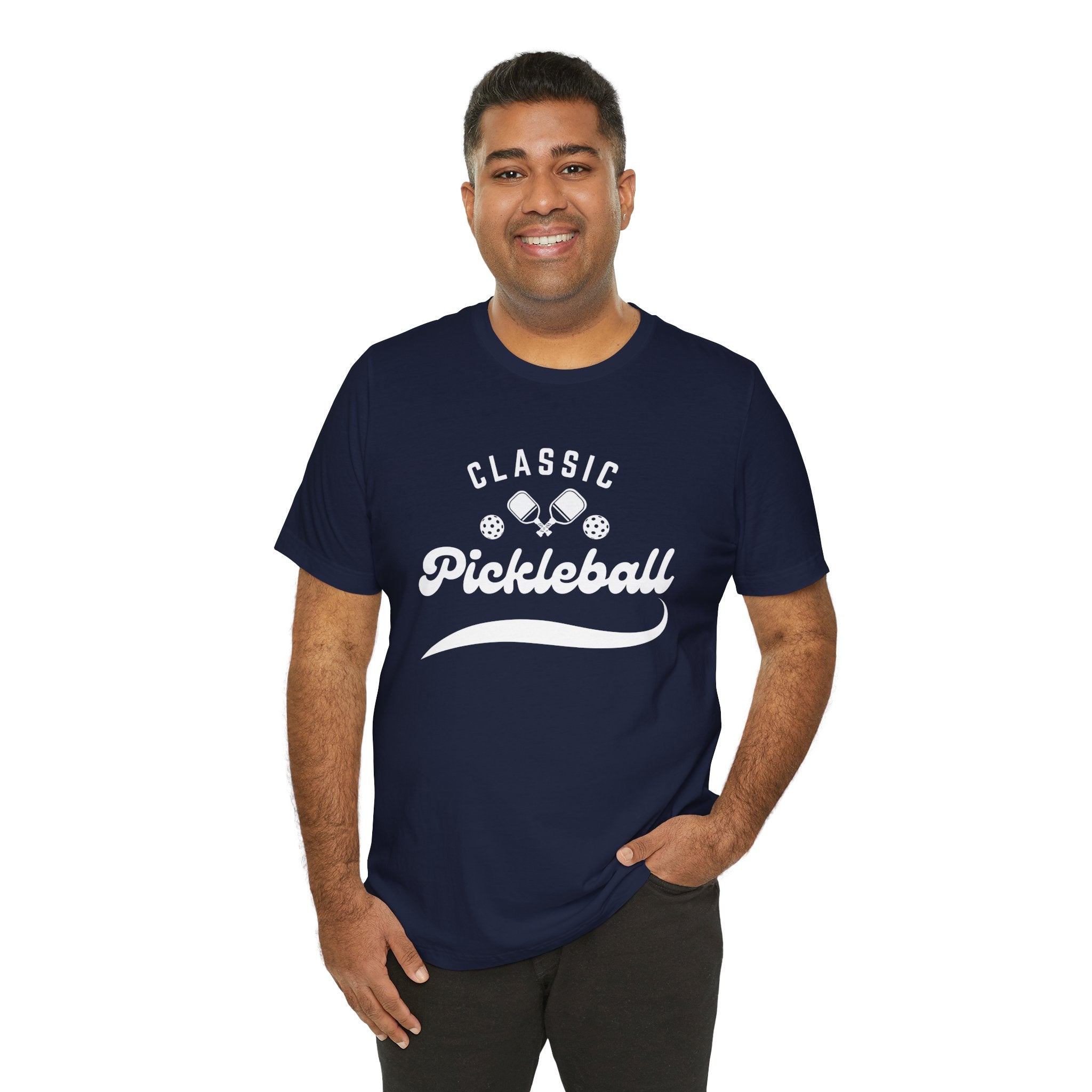 Classic pickleball T-shirt with "Pickleball" script design, comfortable cotton fabric, perfect for pickleball enthusiasts.
